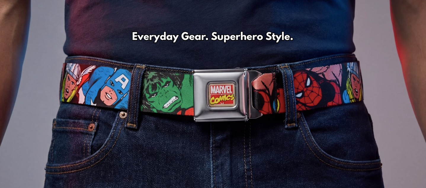 man wearing a seatbelt belt from the brand 'buckle-down' with a design inspired by marvel comics including he hulk, spider man, captain america around jeans