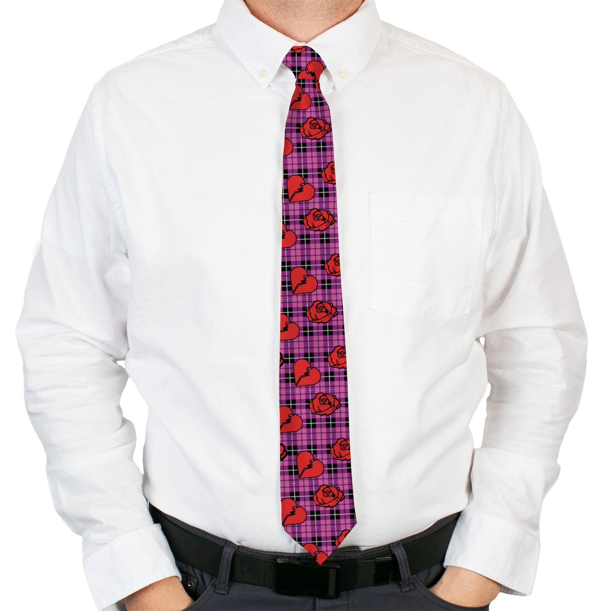 Buckle-Down Necktie - Broken Hearts & Roses w/Fuchsia Plaid Neckties Buckle-Down