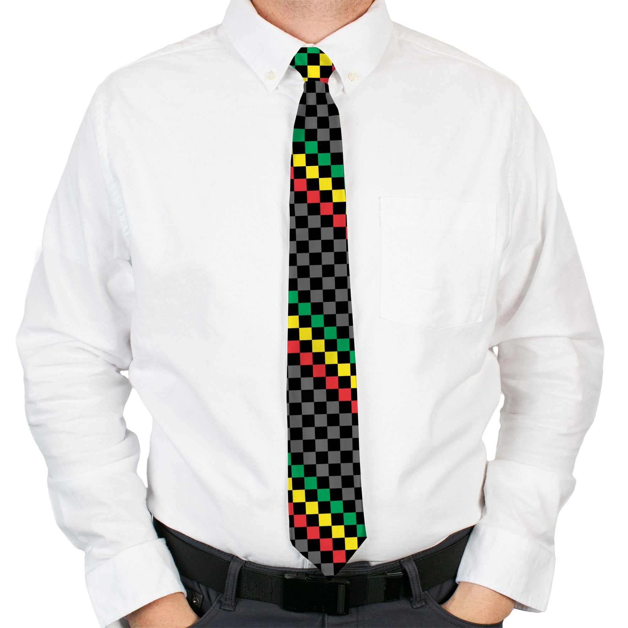 Buckle-Down Necktie - Checker Stripe Black/Gray/Rasta Neckties Buckle-Down