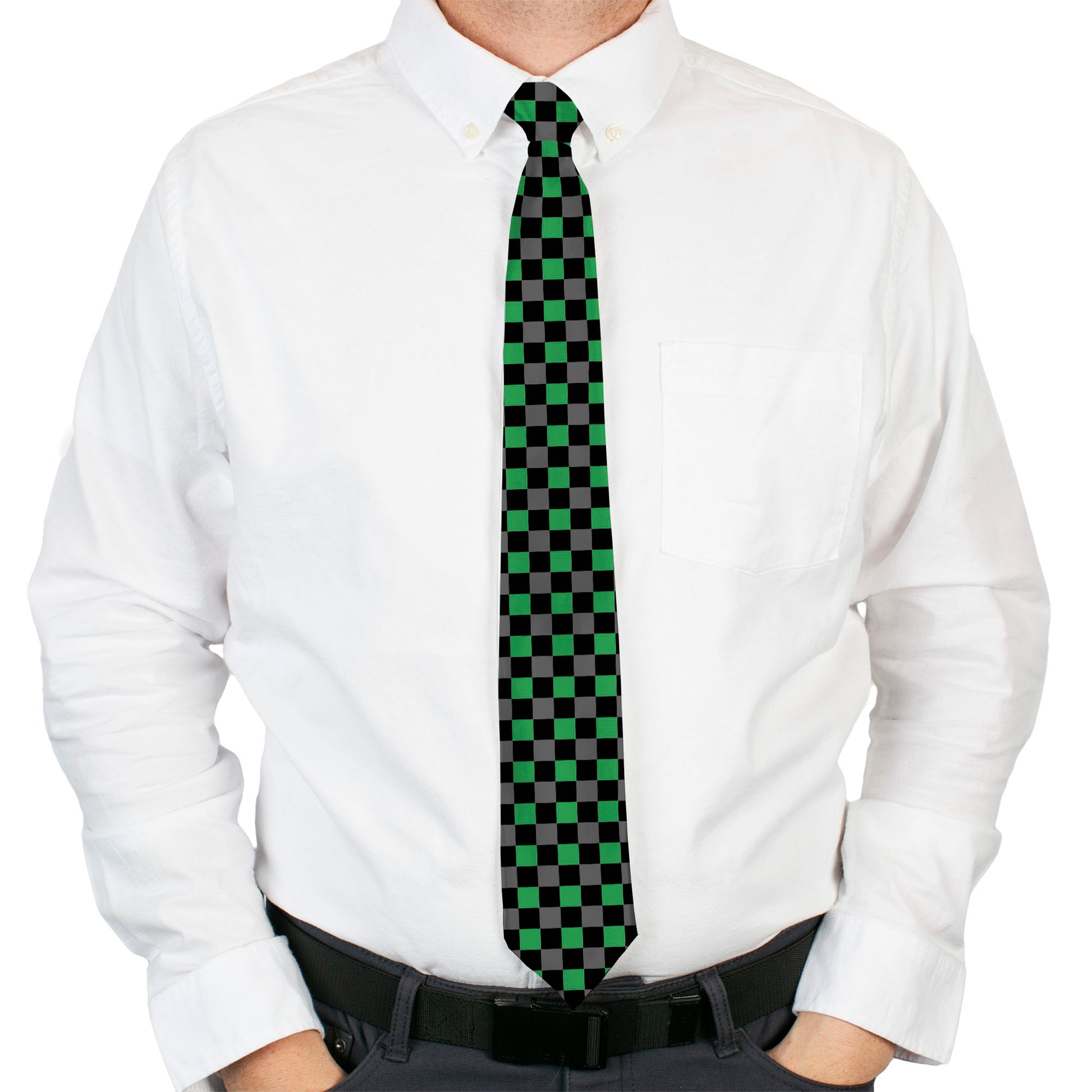 Buckle-Down Necktie - Checker Black/Gray/2 Green Neckties Buckle-Down