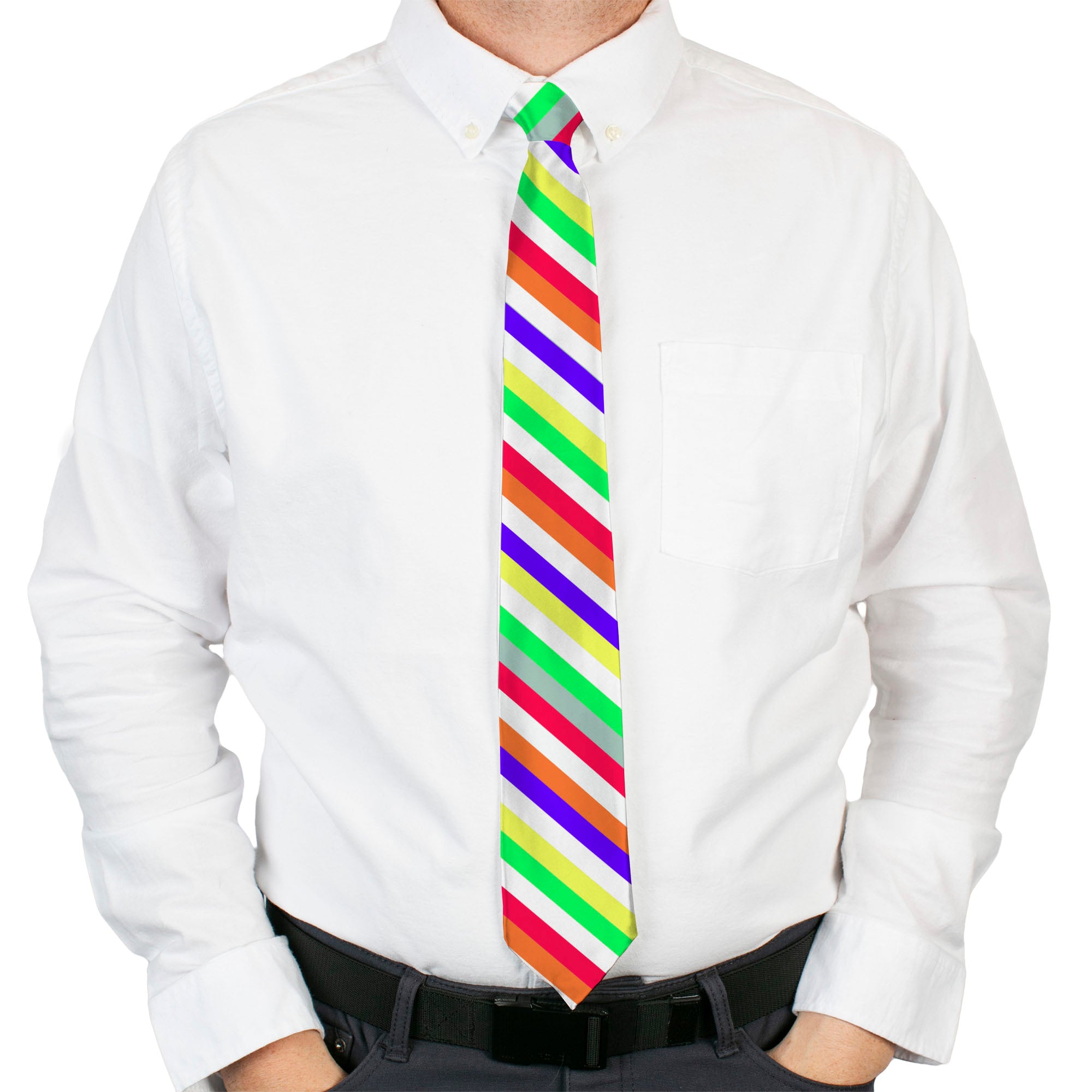 Buckle-Down Necktie - Diagonal Stripes White/Multi Neon Neckties Buckle-Down