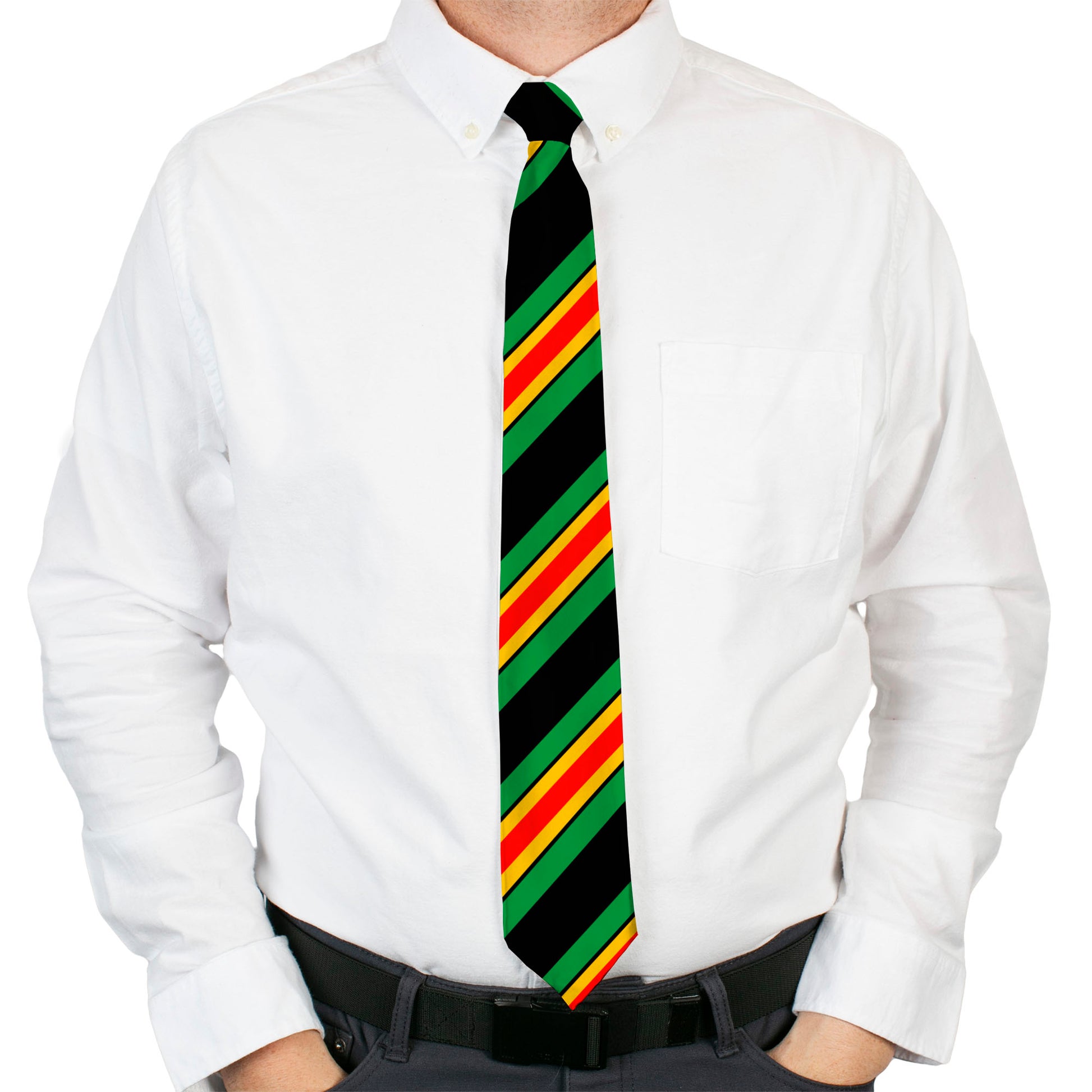 Buckle-Down Necktie - Diagonal Stripes Black/Green/Yellow/Red Neckties Buckle-Down