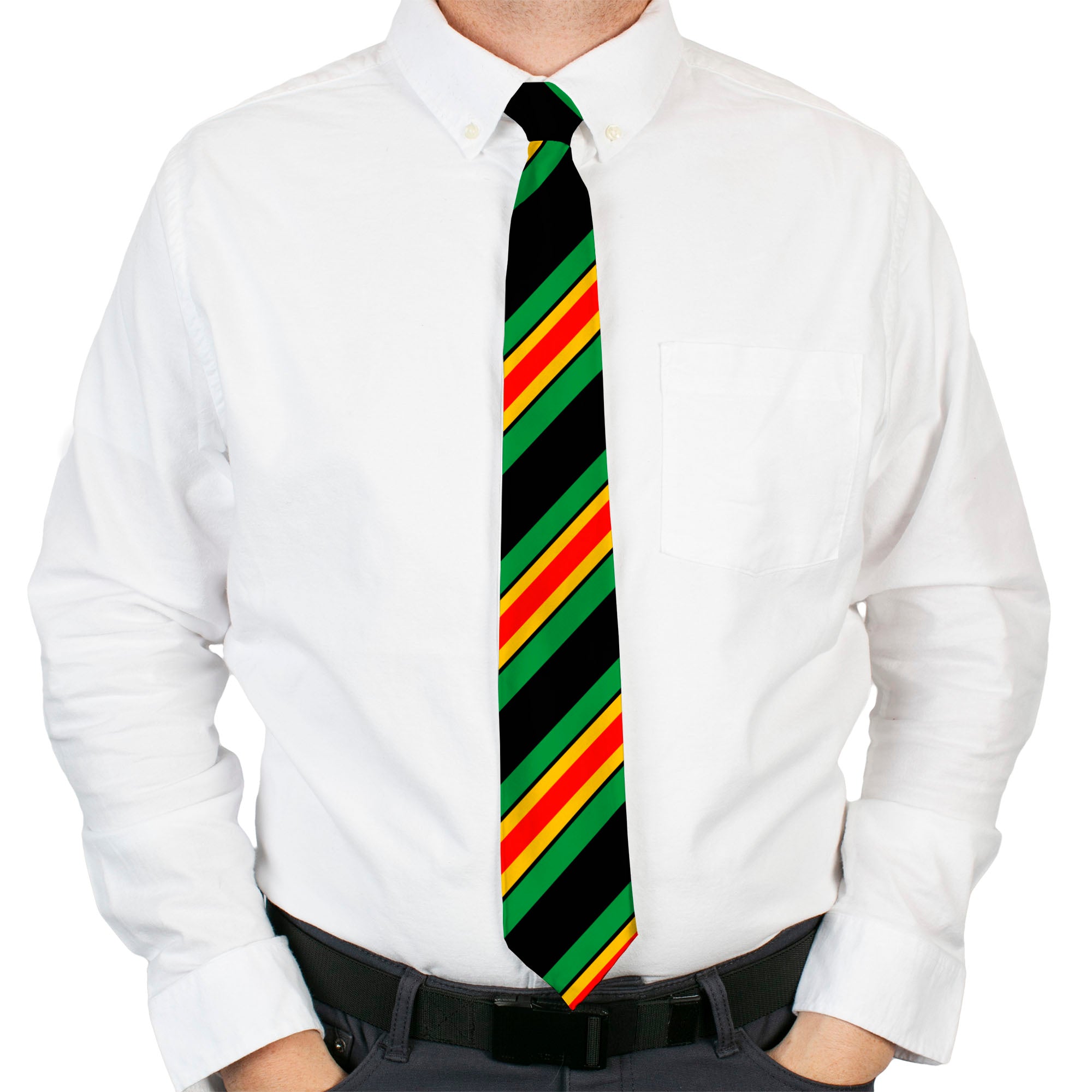Buckle-Down Necktie - Diagonal Stripes Black/Green/Yellow/Red Neckties Buckle-Down