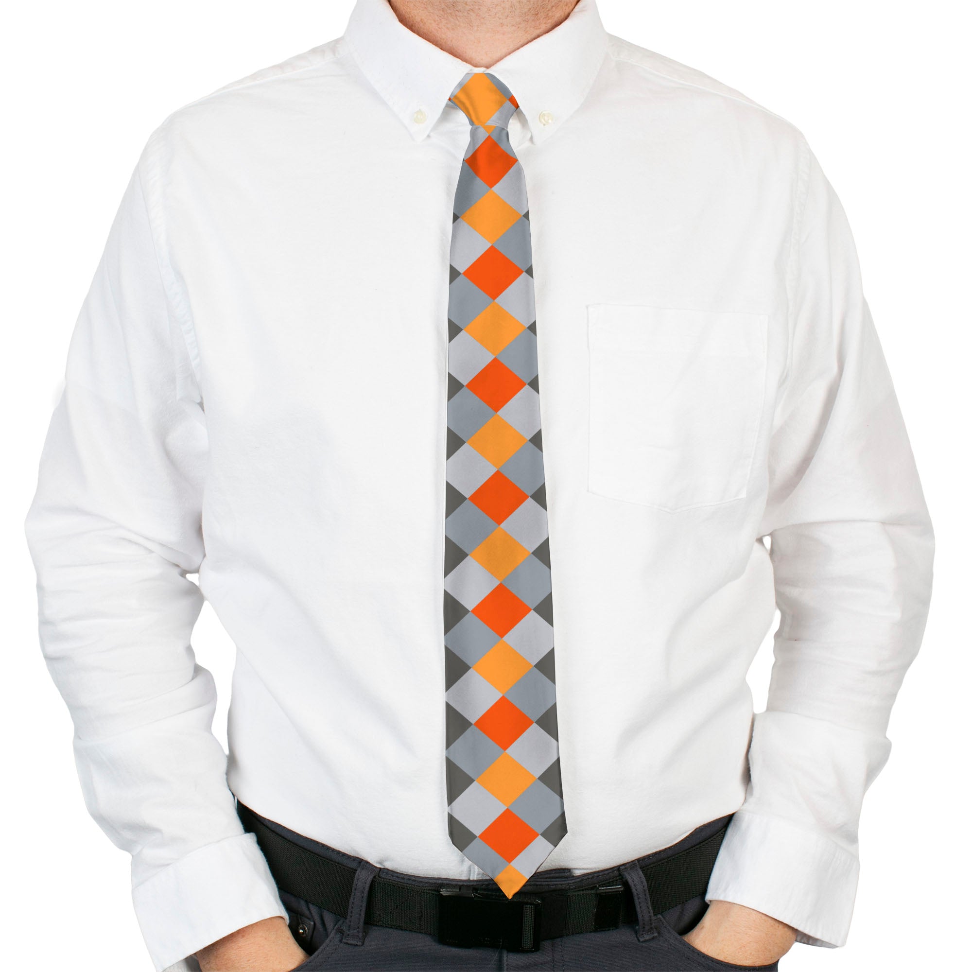 Buckle-Down Necktie - Diamond Plaid Grays/Orange Neckties Buckle-Down