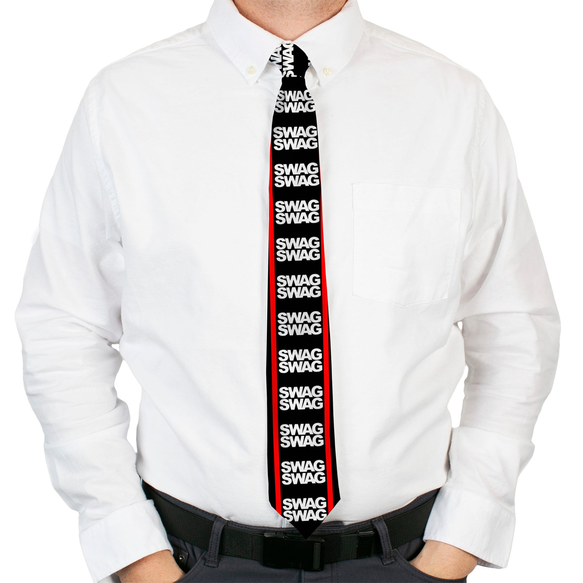 Buckle-Down Necktie - Double SWAG Black/White/Red Stripe Neckties Buckle-Down