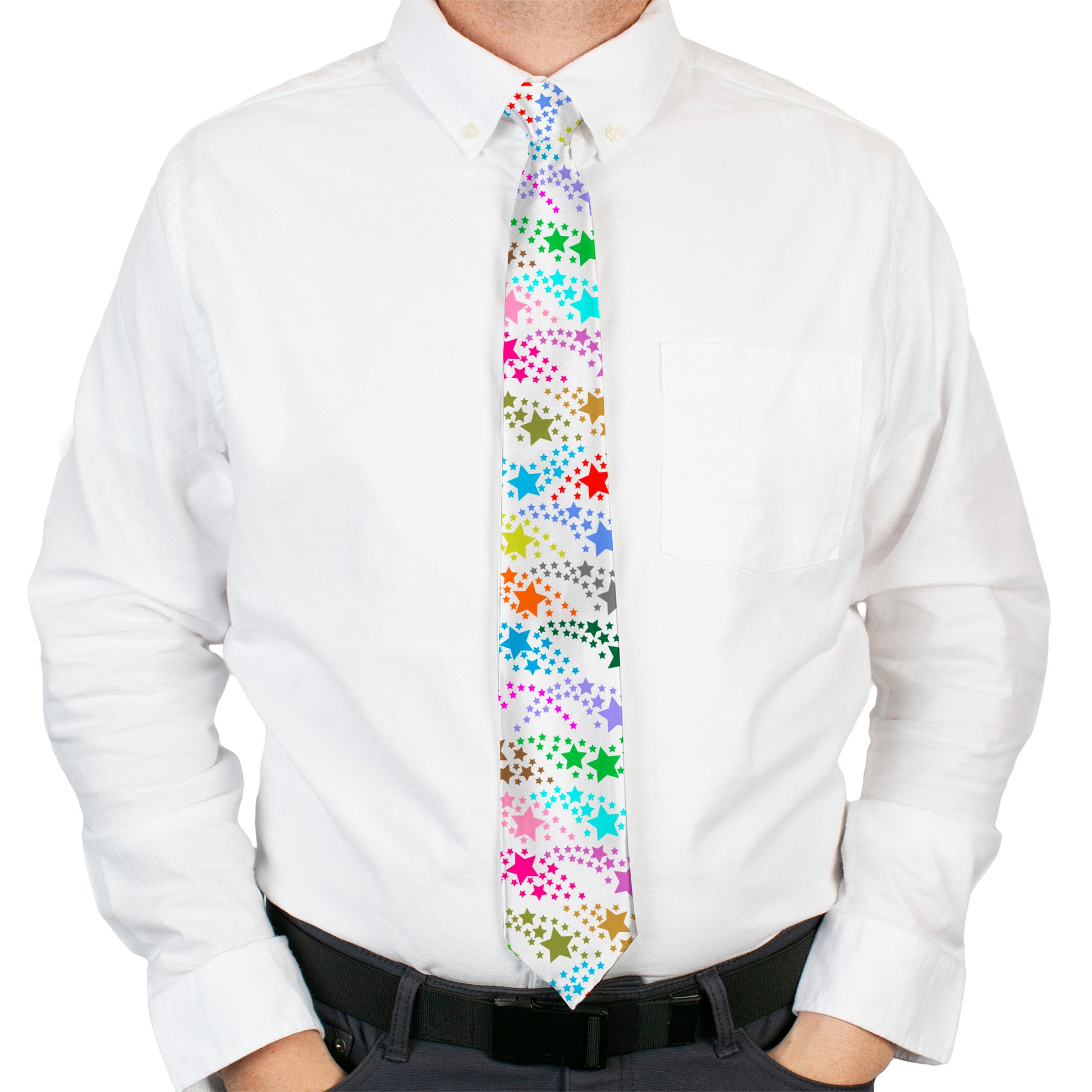 Buckle-Down Necktie - Falling Stars White/Multi Color Neckties Buckle-Down