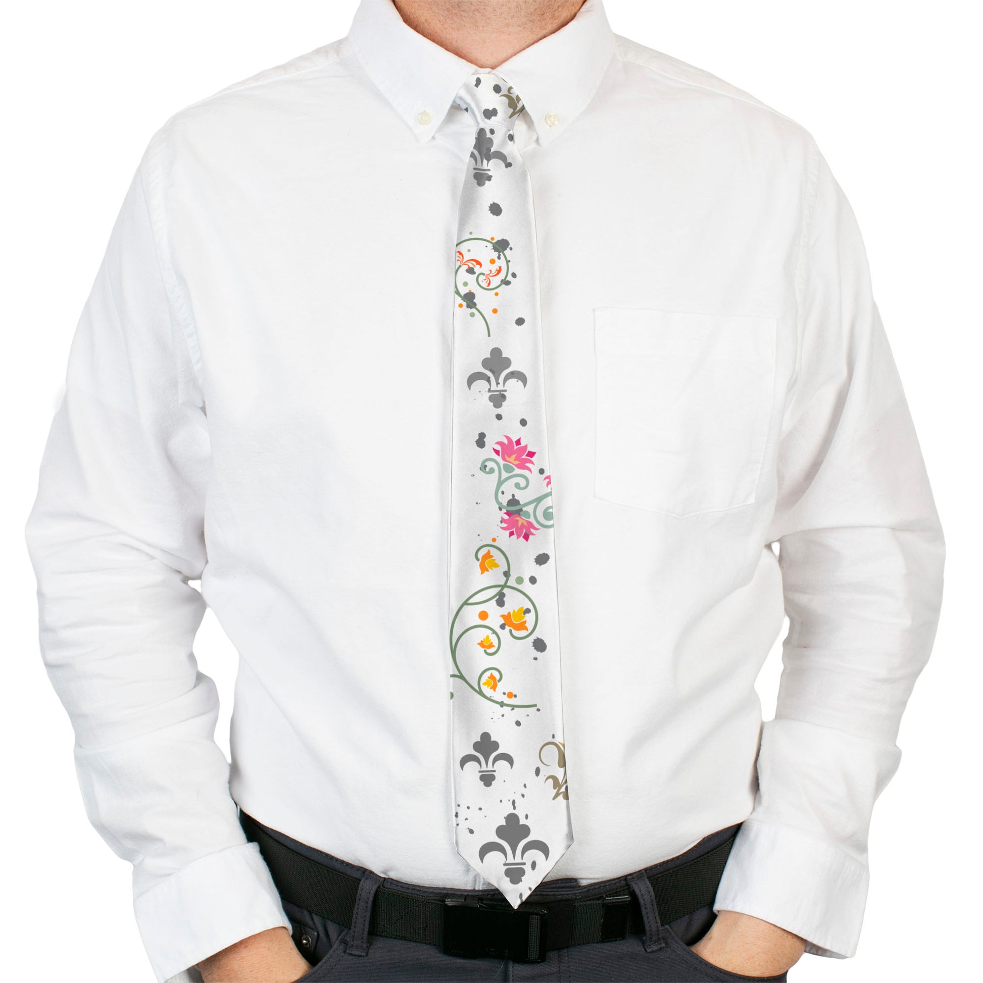 Buckle-Down Necktie - Flower Splatter White/Gray Neckties Buckle-Down