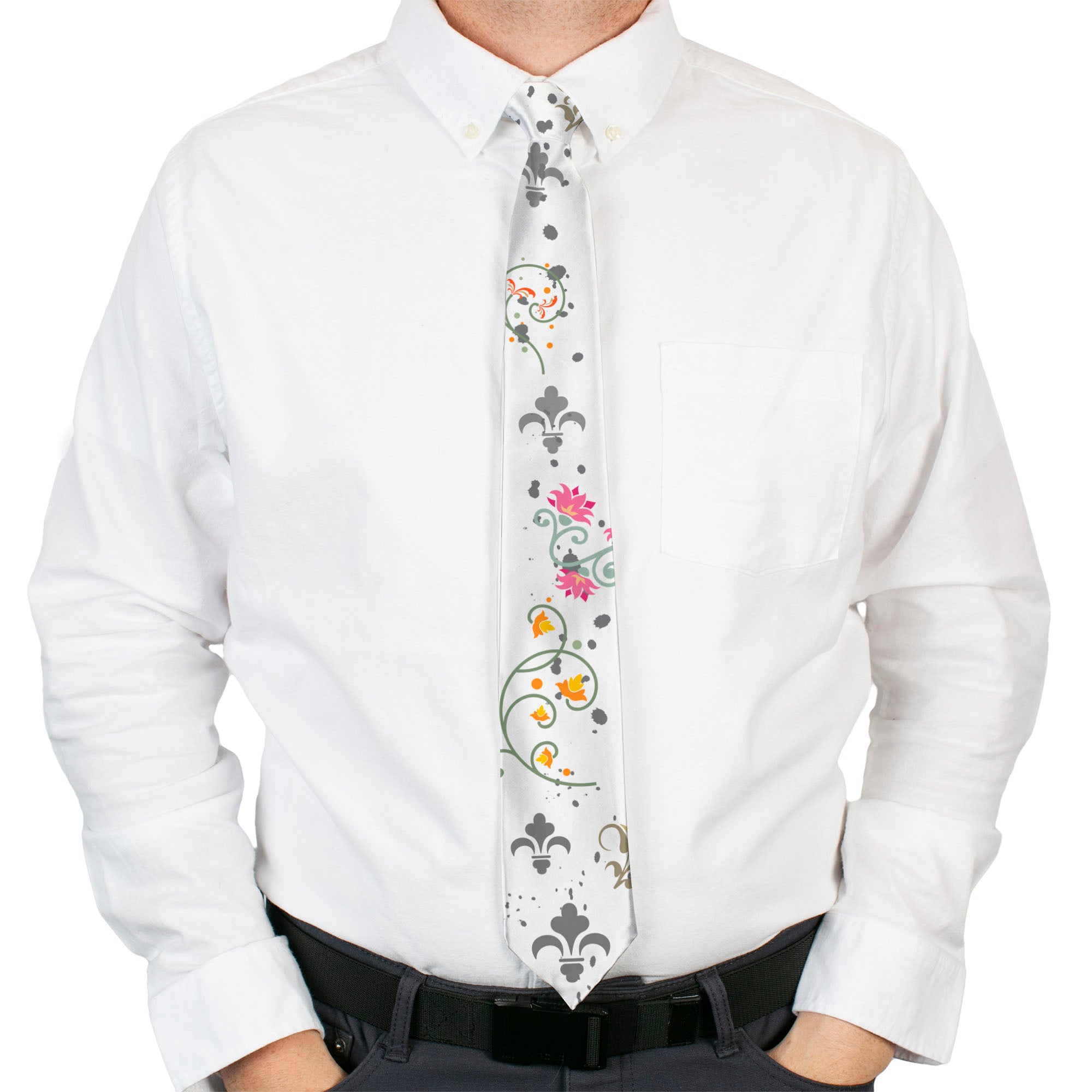 Buckle-Down Necktie - Flower Splatter White/Gray Neckties Buckle-Down