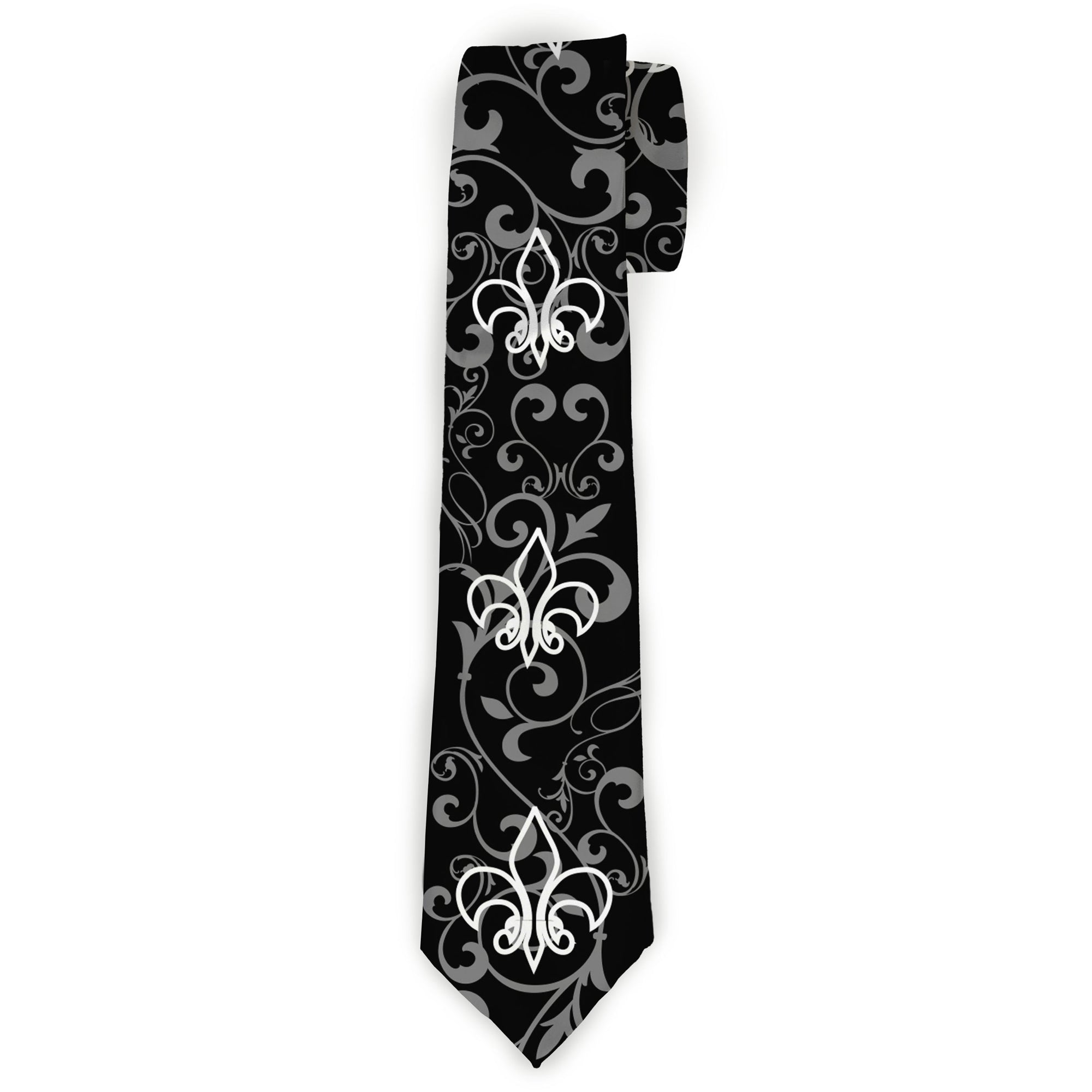 Buckle-Down Necktie - Fleur-de-Lis Outline w/Filigree Black/Gray Neckties Buckle-Down