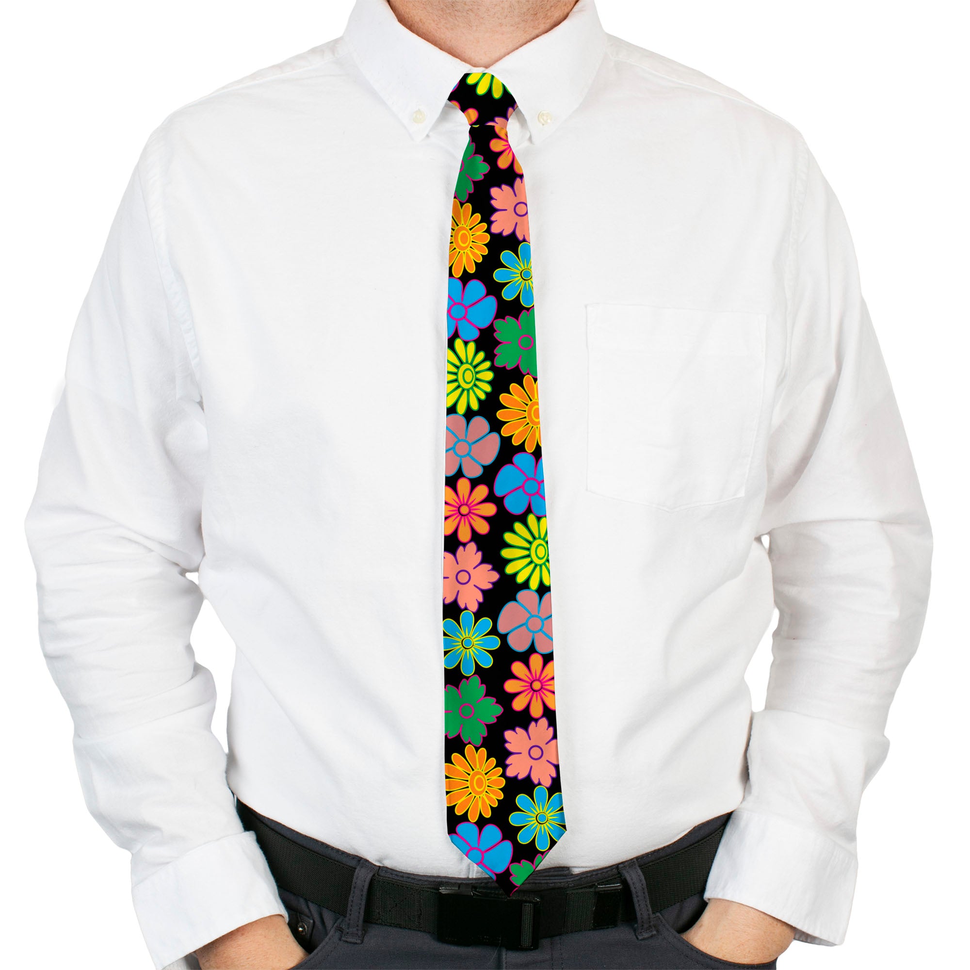 Buckle-Down Necktie - Flowers Black/Multi Color Neckties Buckle-Down