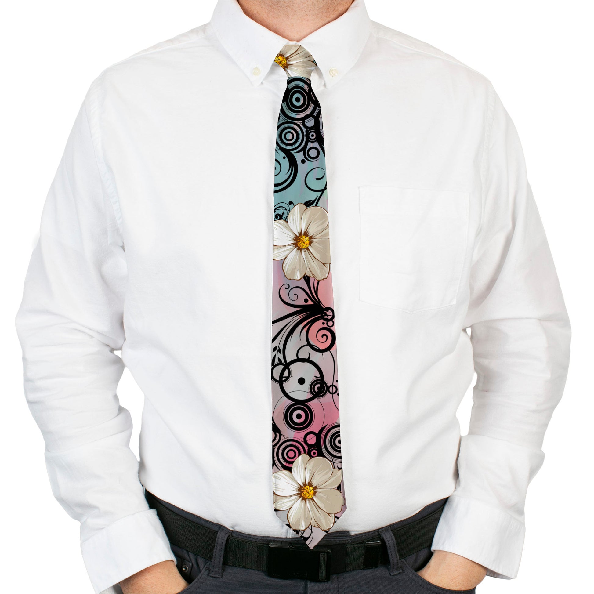 Buckle-Down Necktie - Flowers w/Filigree Pink Neckties Buckle-Down