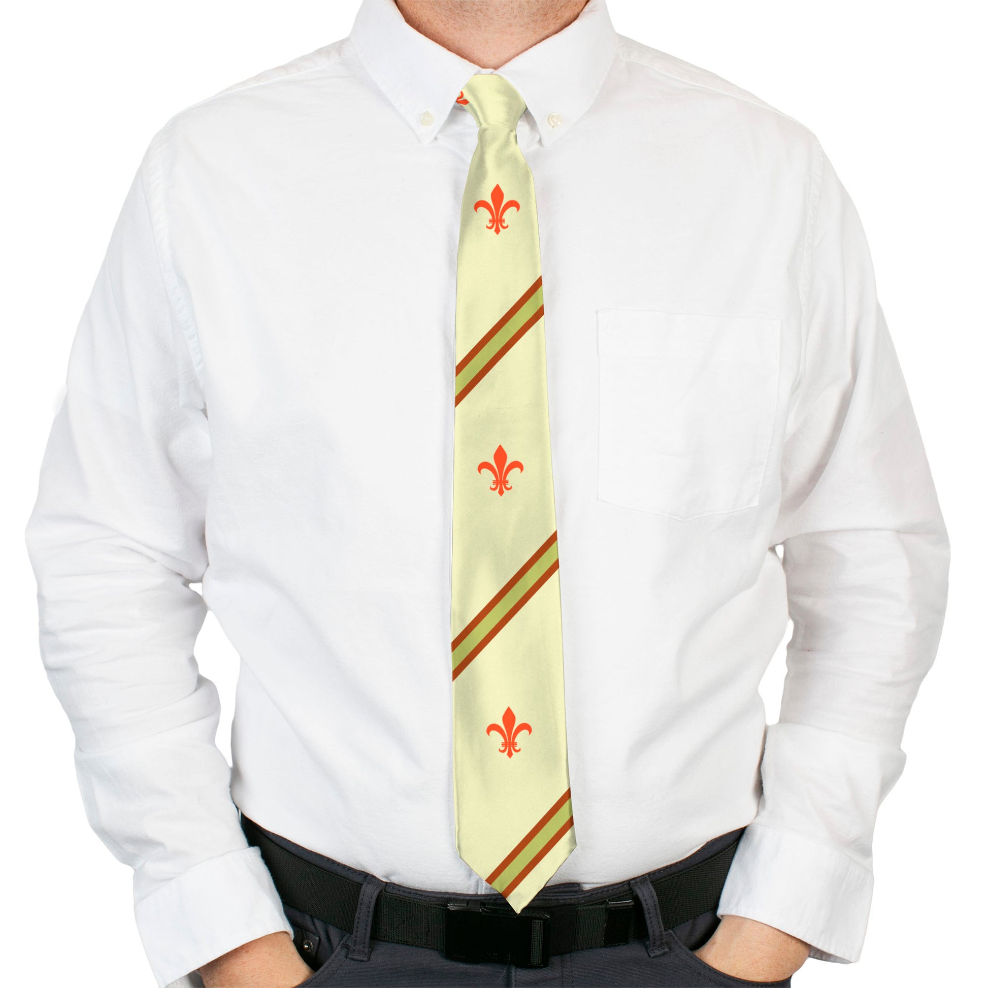 Buckle-Down Necktie - Fleur-de-Lis2 Stripes Tan/Orange/Brown/Green Neckties Buckle-Down