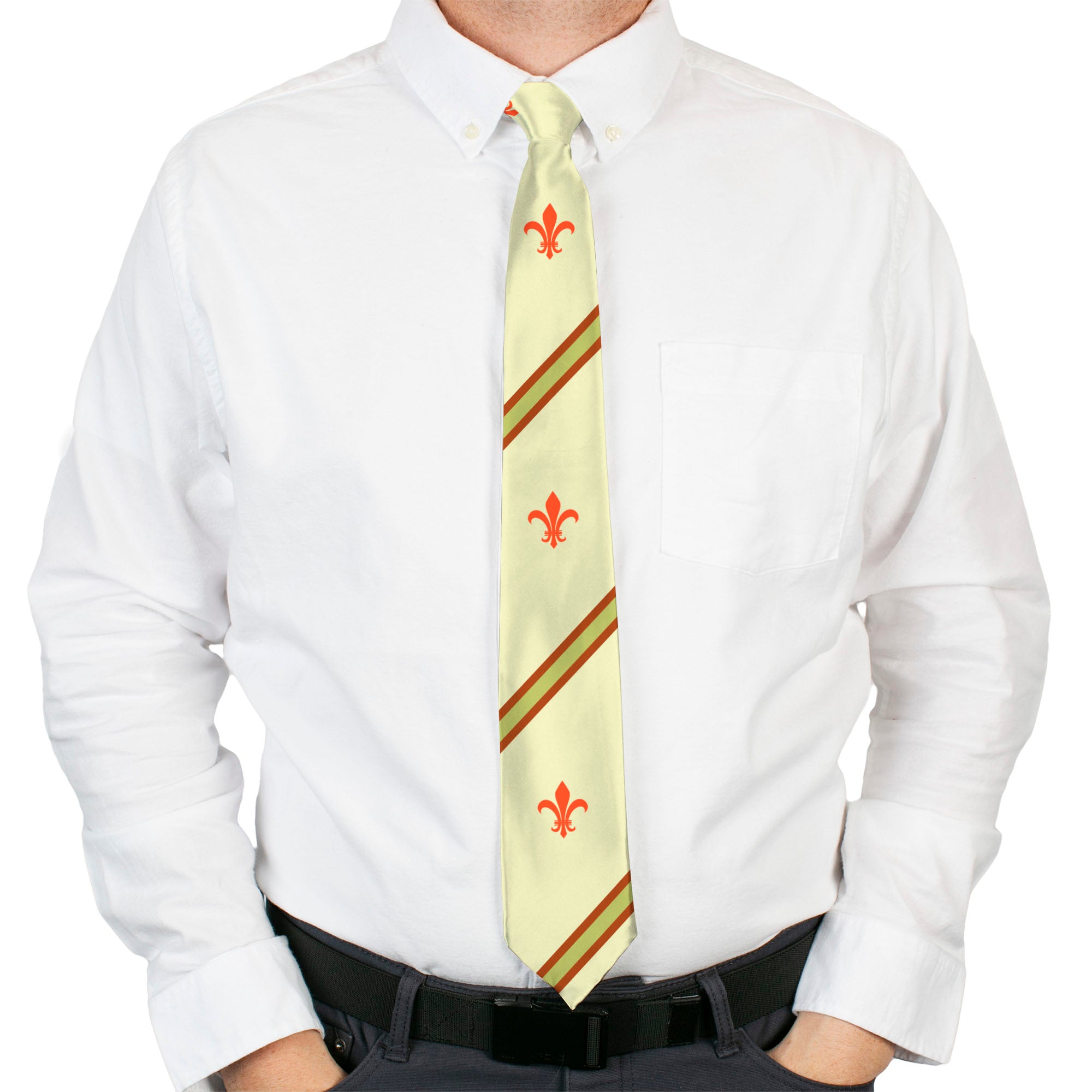Buckle-Down Necktie - Fleur-de-Lis2 Stripes Tan/Orange/Brown/Green Neckties Buckle-Down