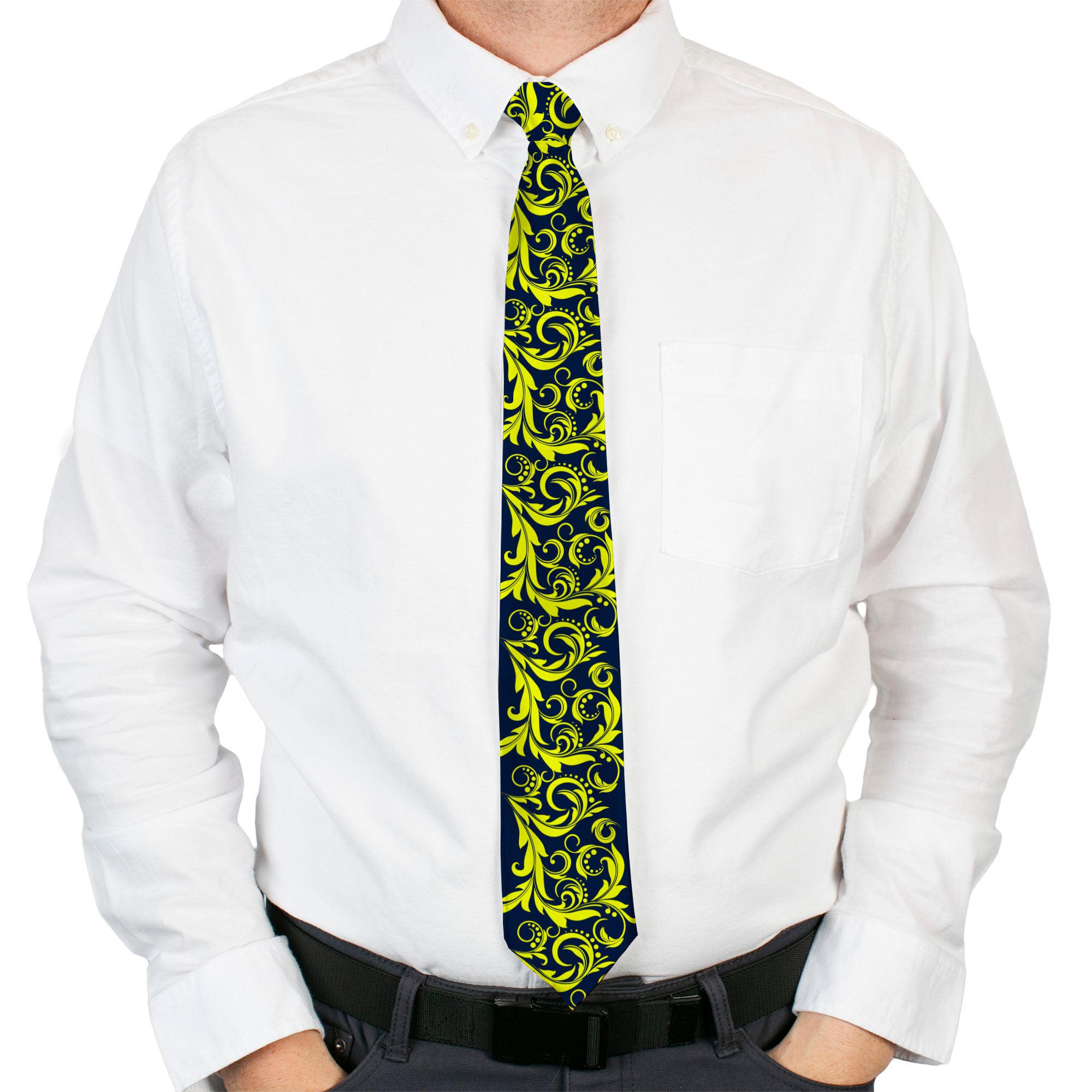Buckle-Down Necktie - Filigree Navy/Yellow Neckties Buckle-Down