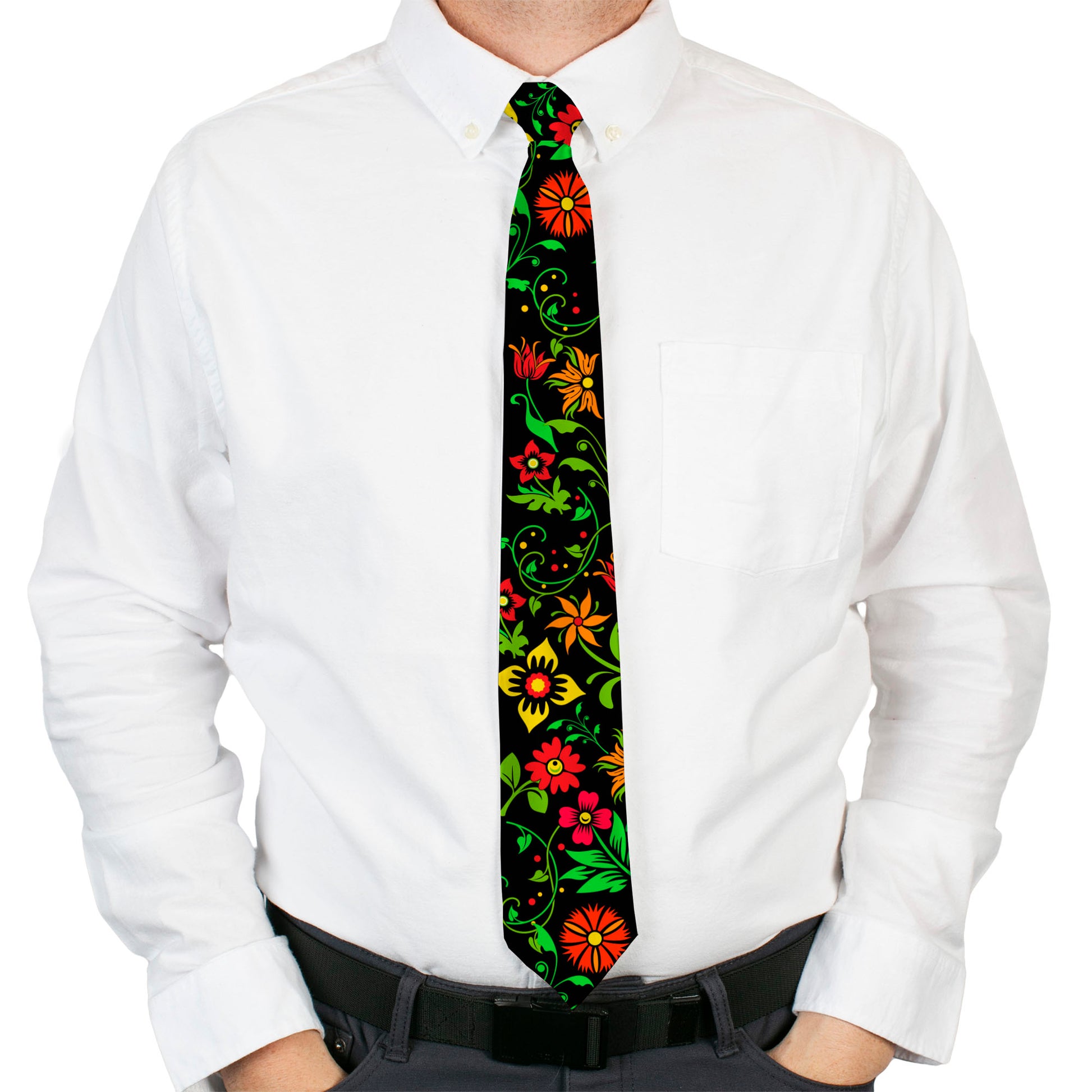 Buckle-Down Necktie - Floral Collage Black/Red/Orange/Green Neckties Buckle-Down