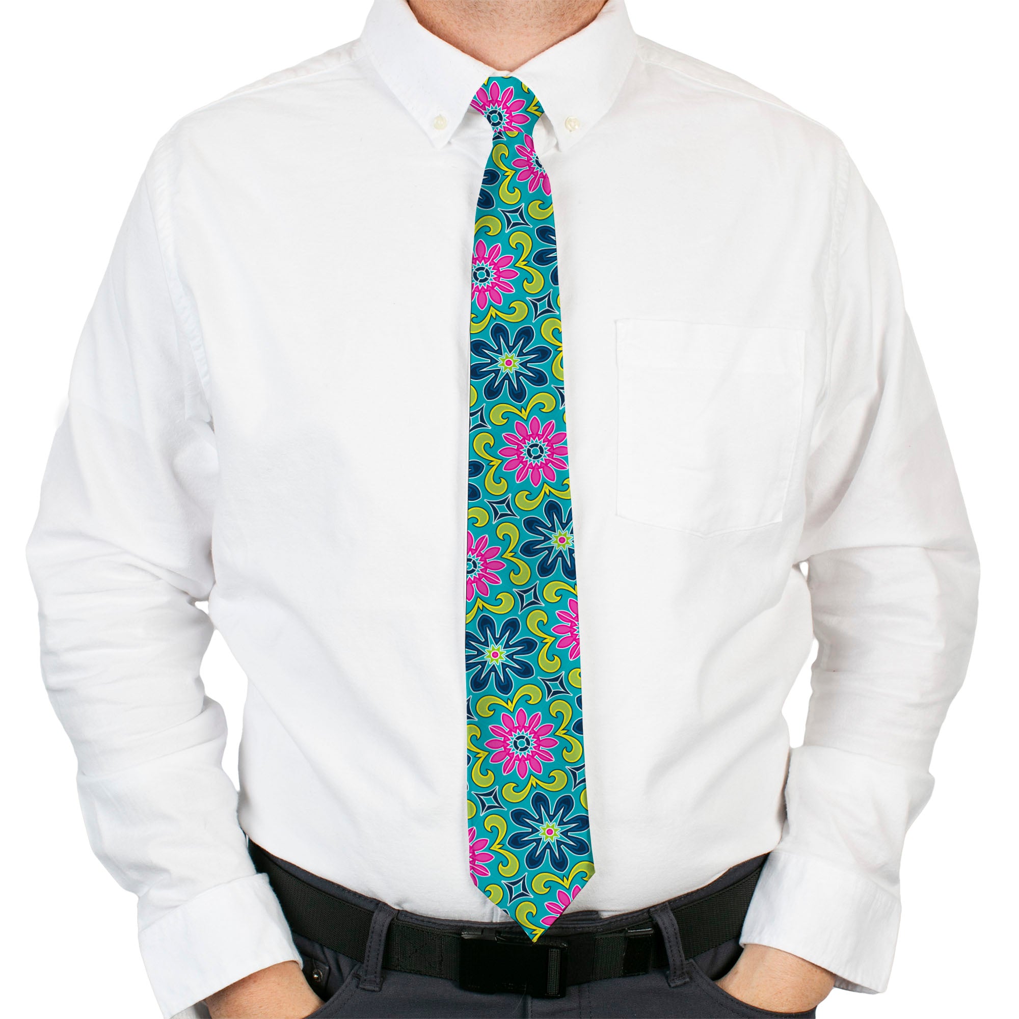Buckle-Down Necktie - Floral Burst Turquoise/Blues/Pinks/Yellow/Green Neckties Buckle-Down