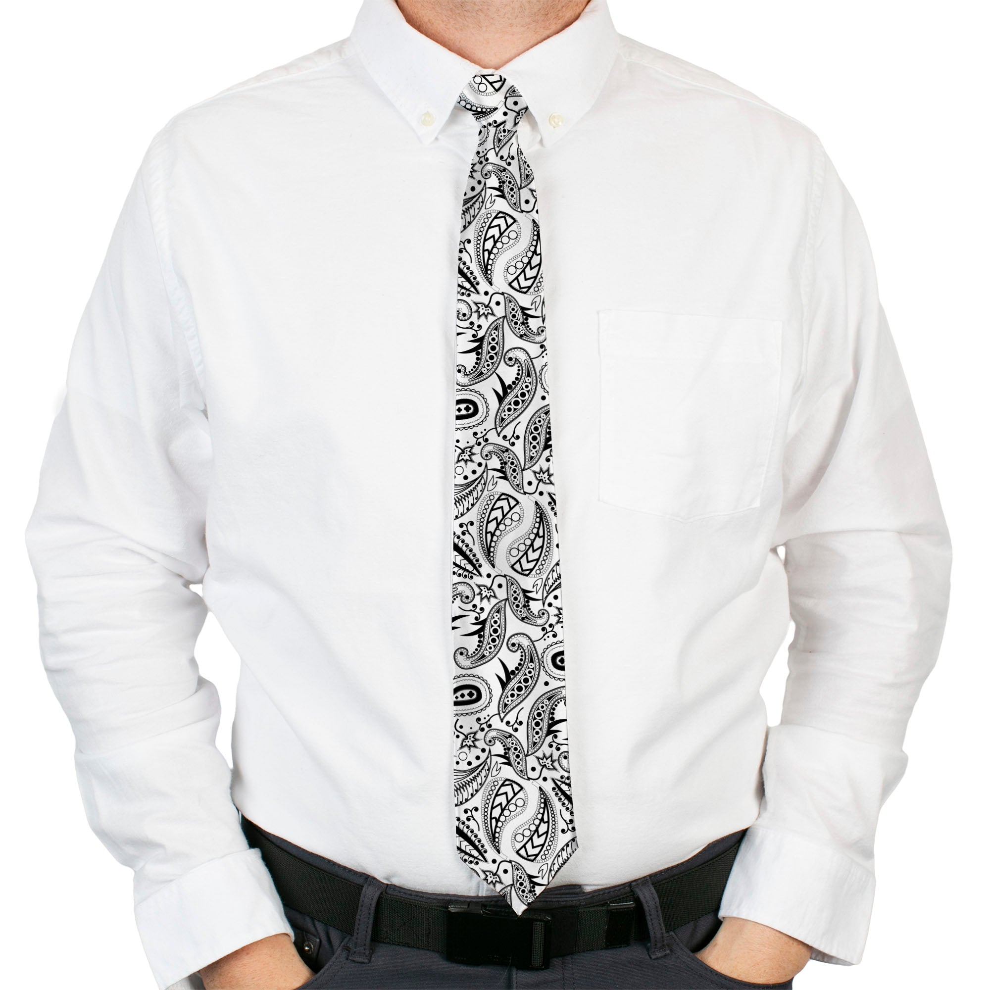 Buckle-Down Necktie - Floral Paisley3 White/Black Neckties Buckle-Down