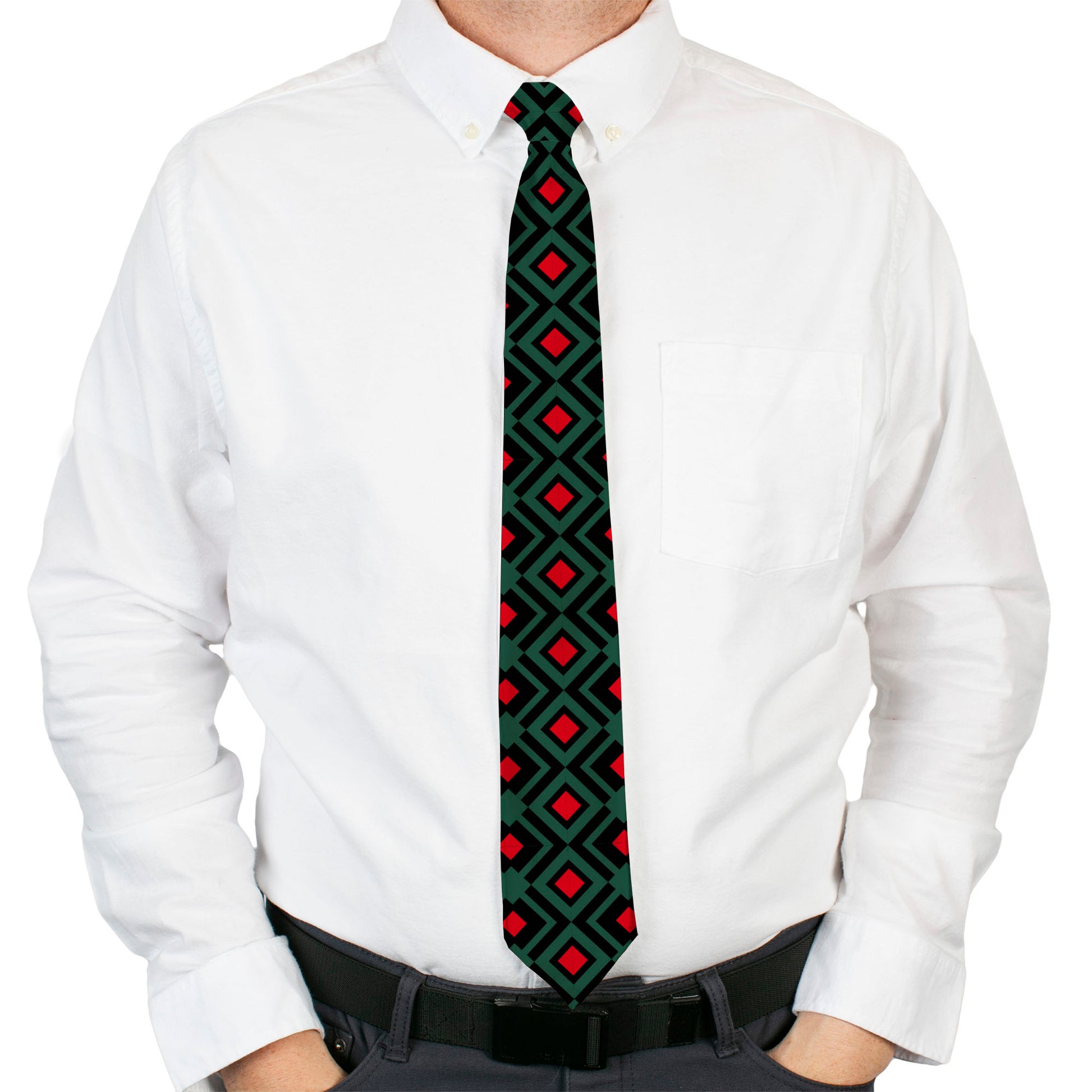 Buckle-Down Necktie - Geometric3 Black/Forest Green/Red Neckties Buckle-Down