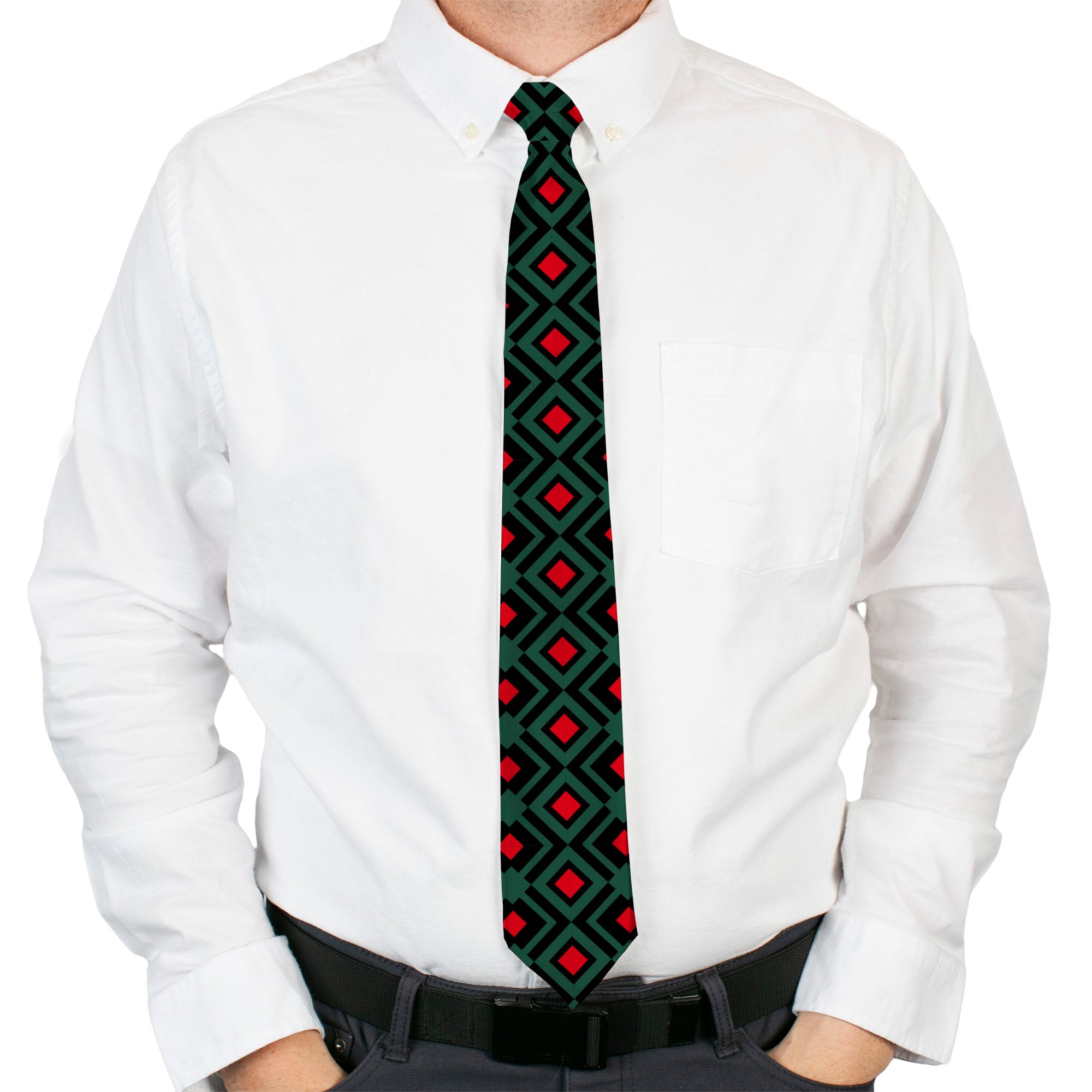 Buckle-Down Necktie - Geometric3 Black/Forest Green/Red Neckties Buckle-Down