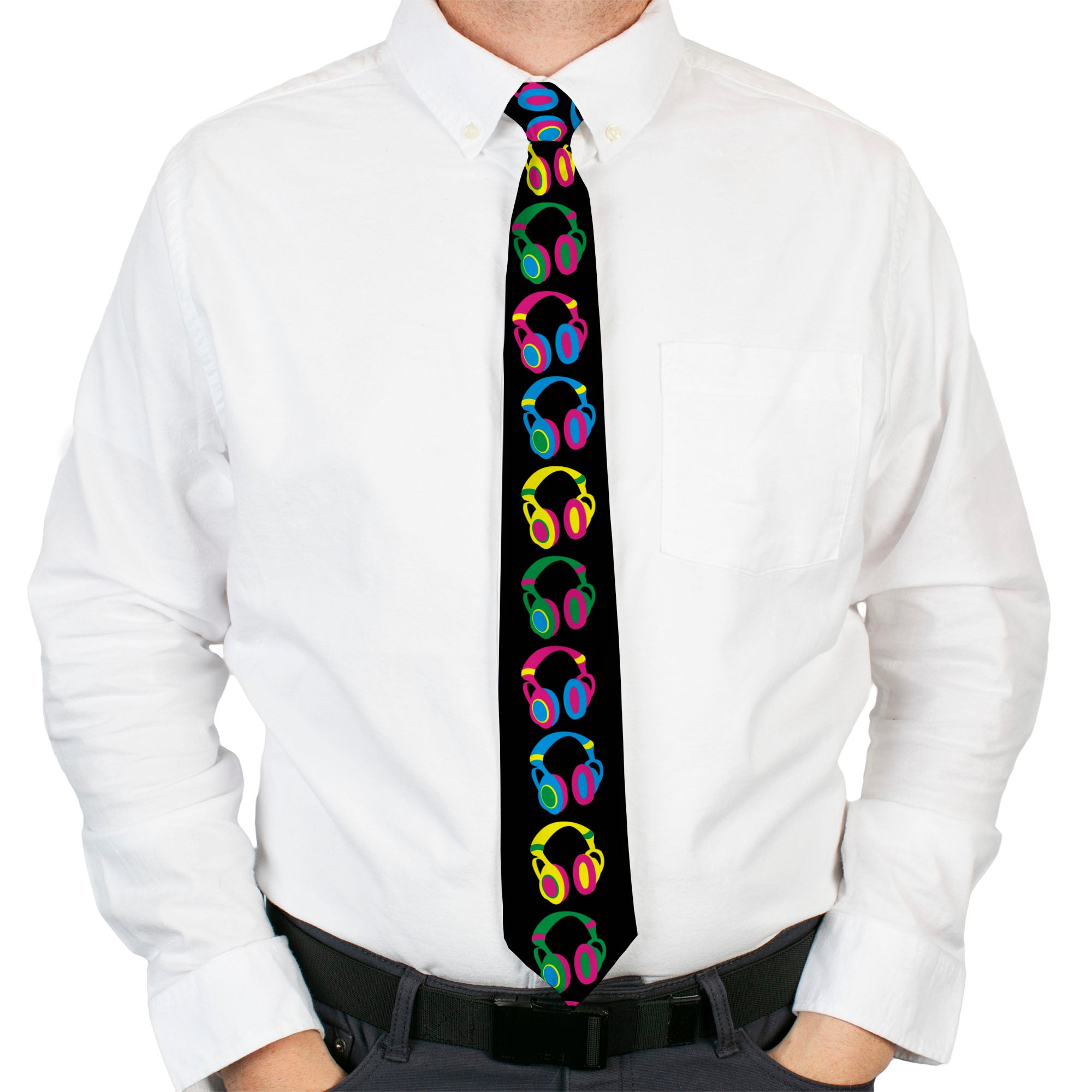 Buckle-Down Necktie - Headphones Black/Neon Neckties Buckle-Down