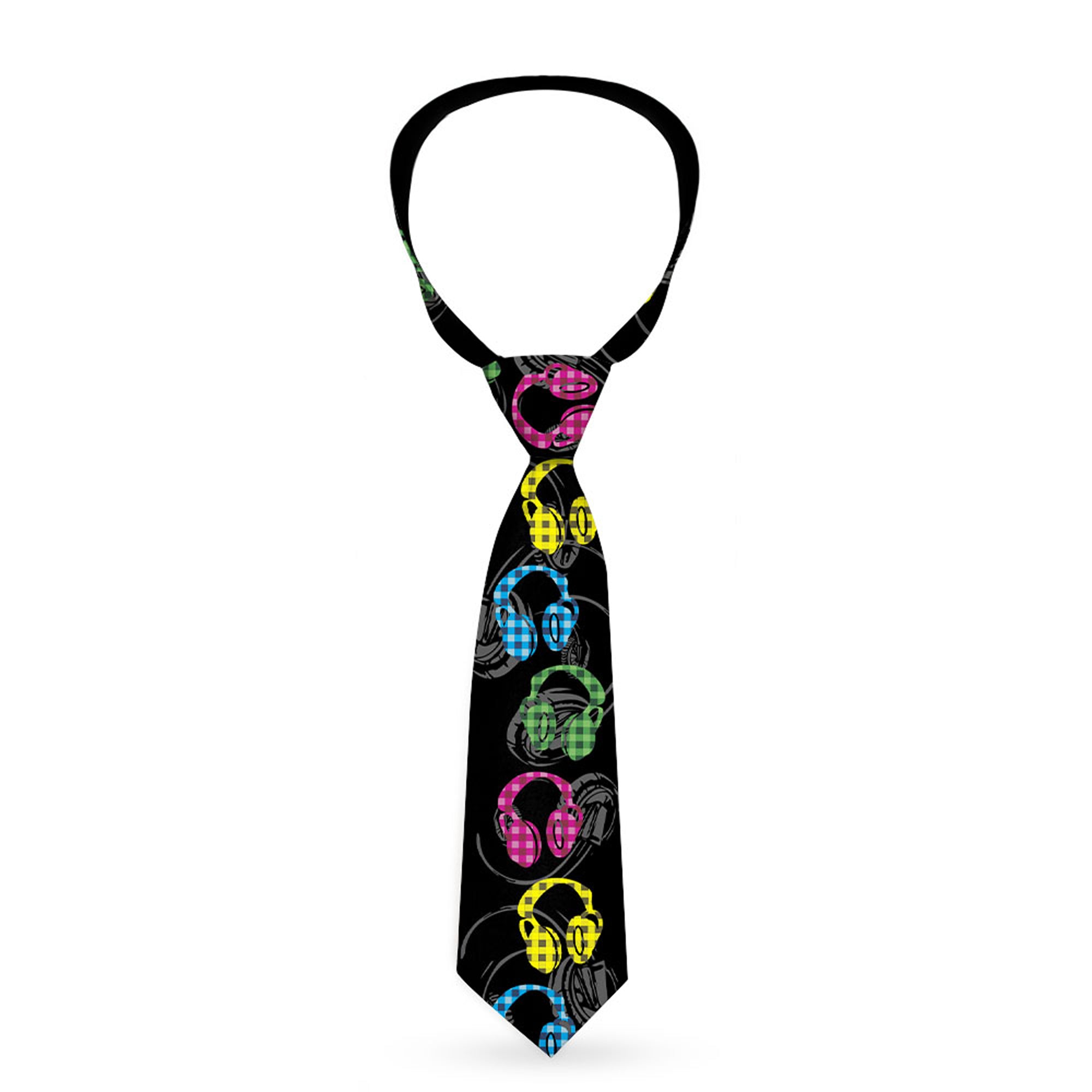 Buckle-Down Necktie - Headphones Buffalo Plaid Black/Neon Neckties Buckle-Down