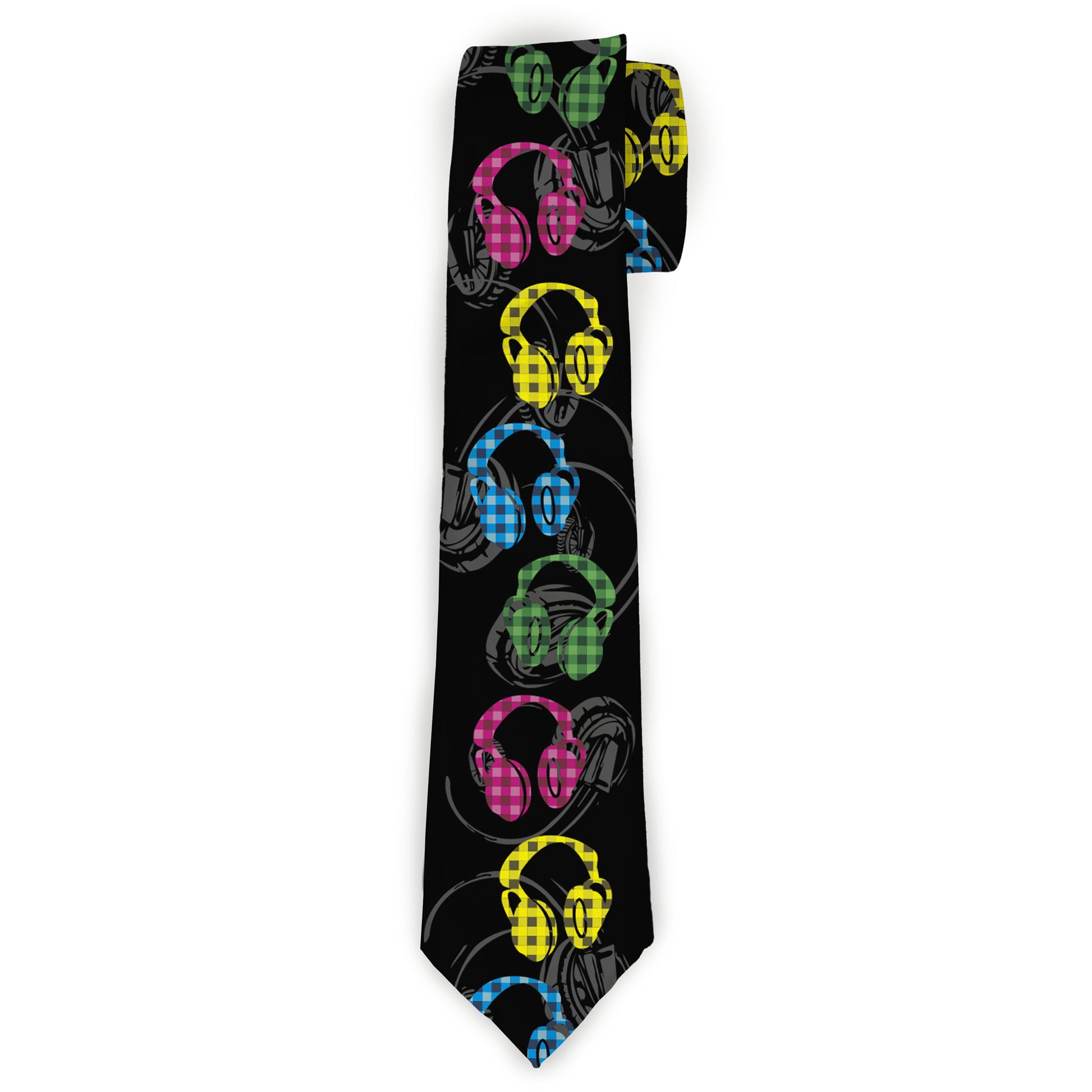 Buckle-Down Necktie - Headphones Buffalo Plaid Black/Neon Neckties Buckle-Down