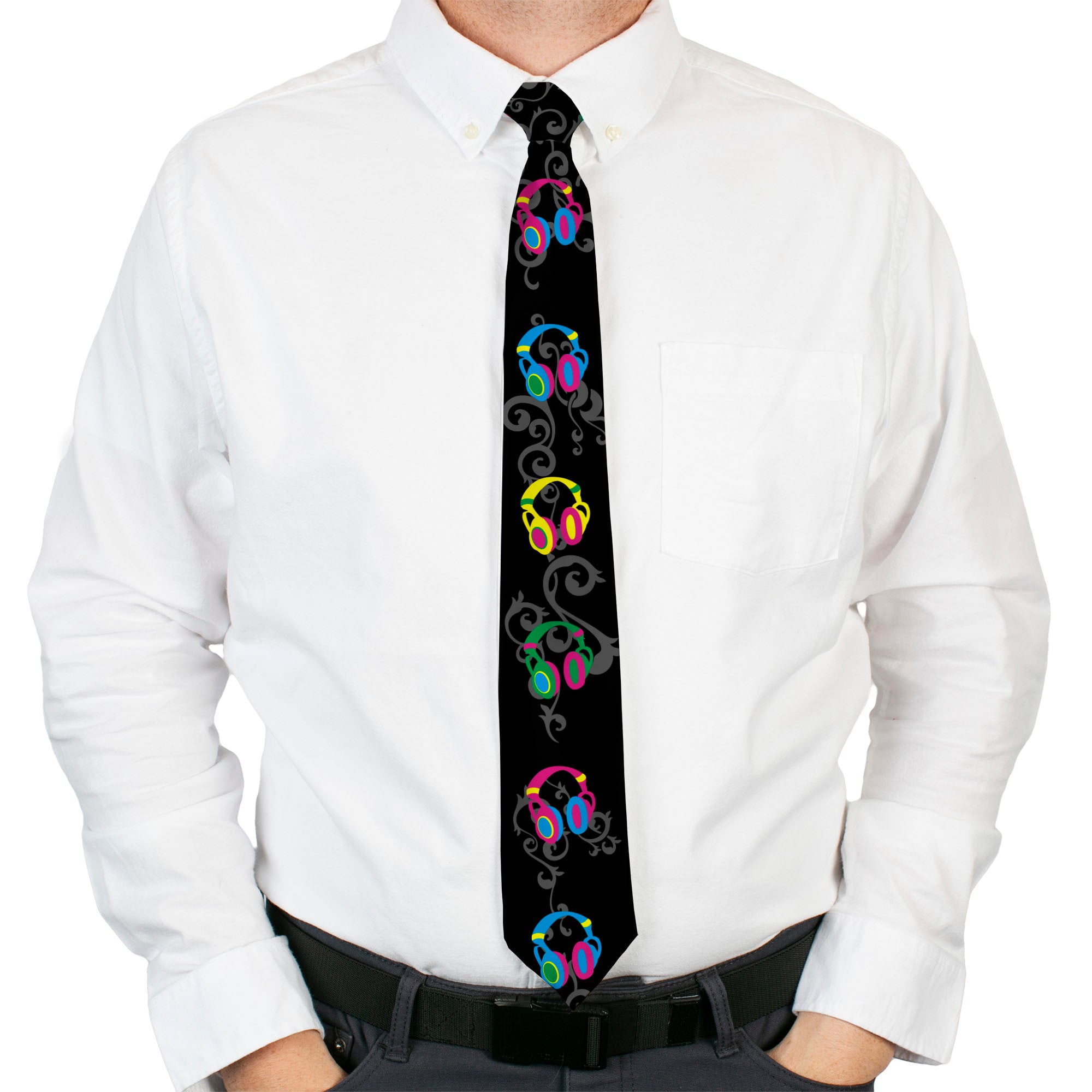 Buckle-Down Necktie - Headphones Curls Black/Gray/Neon Neckties Buckle-Down