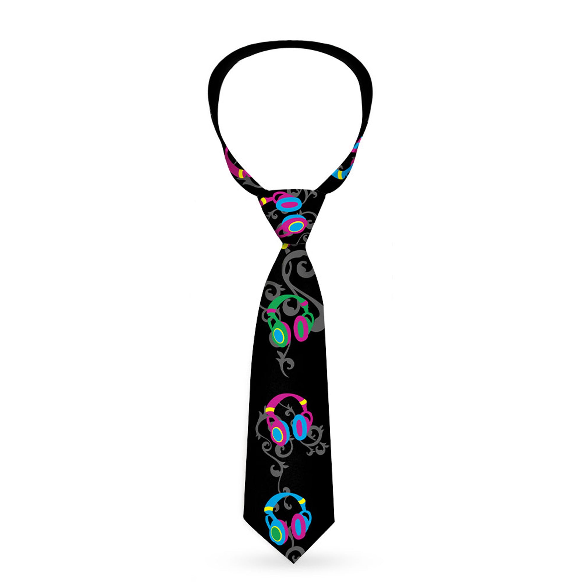 Buckle-Down Necktie - Headphones Curls Black/Gray/Neon Neckties Buckle-Down