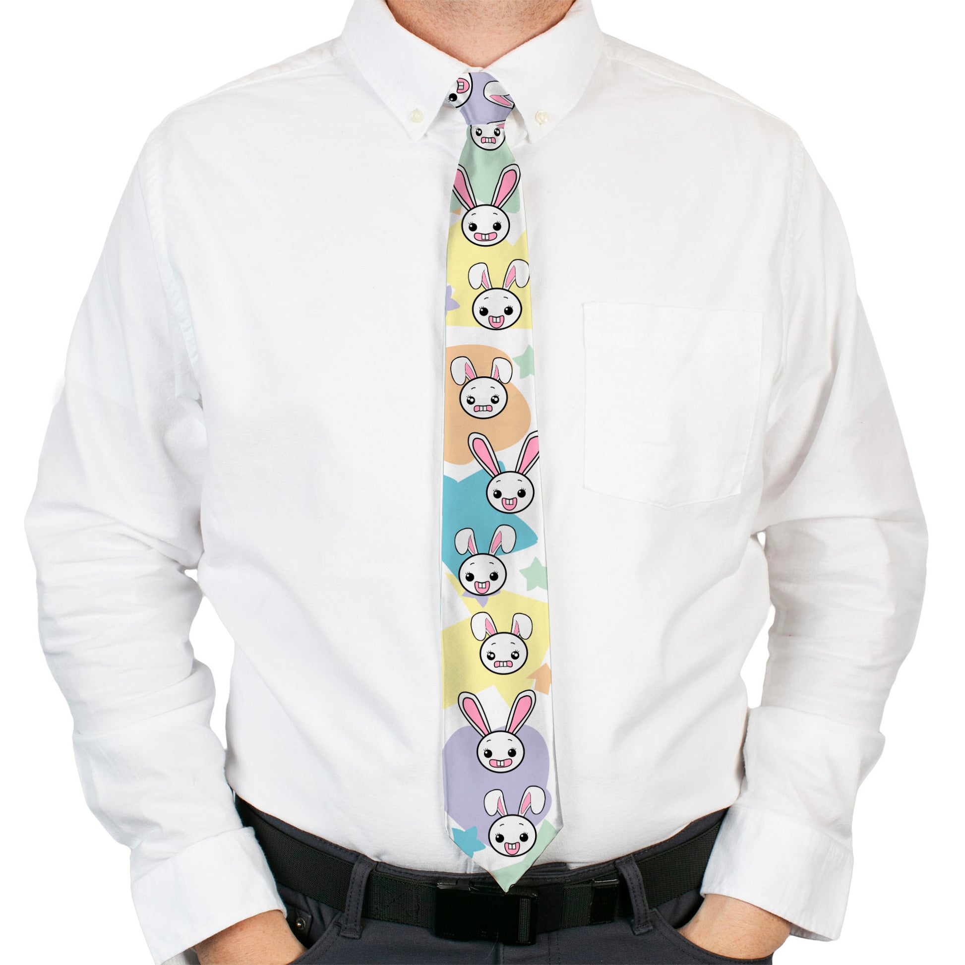 Buckle-Down Necktie - Happy/Sad Bunnies & Stars White/Pastel Neckties Buckle-Down