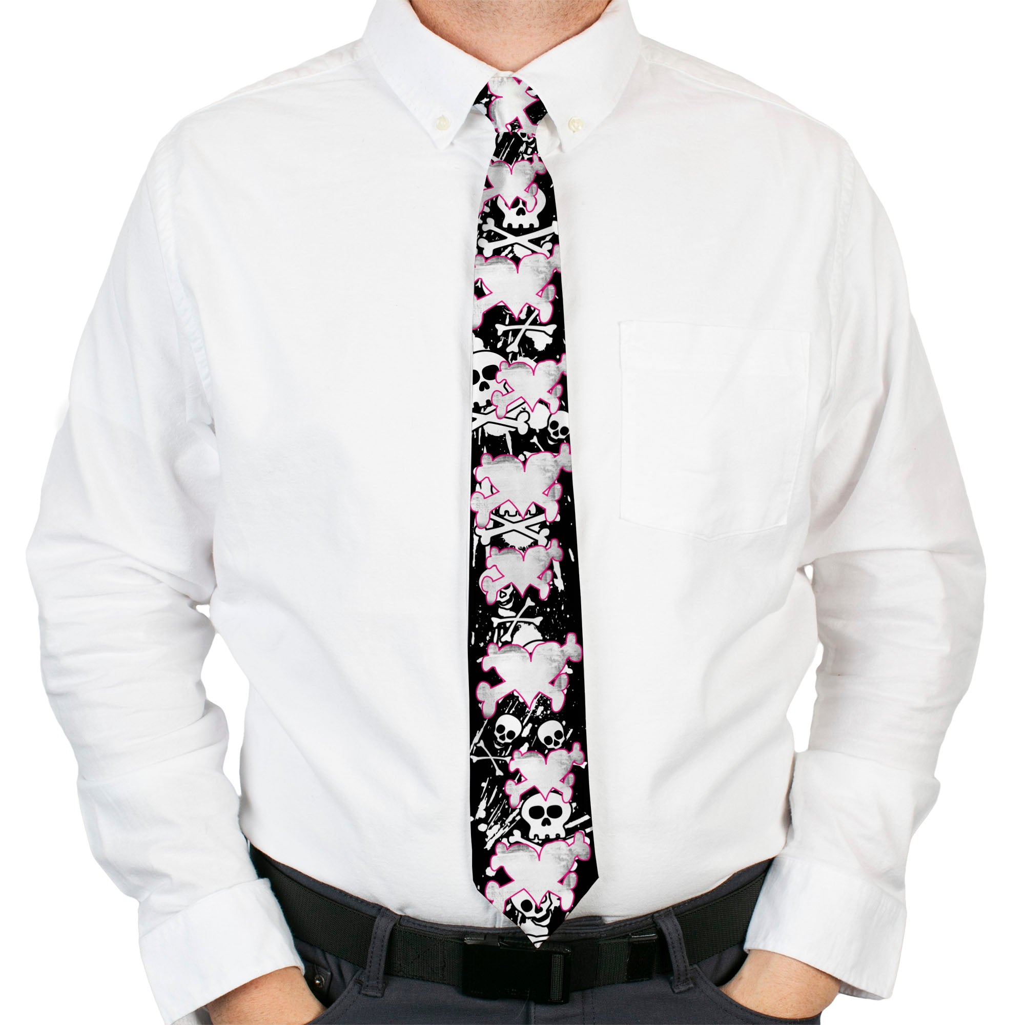Buckle-Down Necktie - Heart & Cross Bones w/Skulls & Splatter Black/White Neckties Buckle-Down