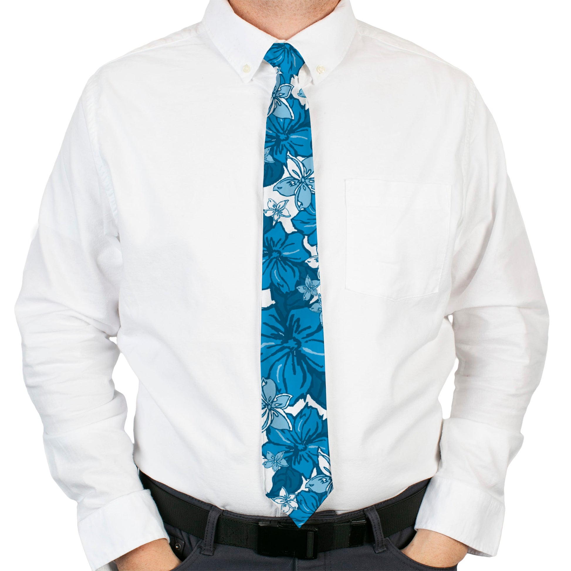 Buckle-Down Necktie - Hibiscus Collage White/Blues Neckties Buckle-Down