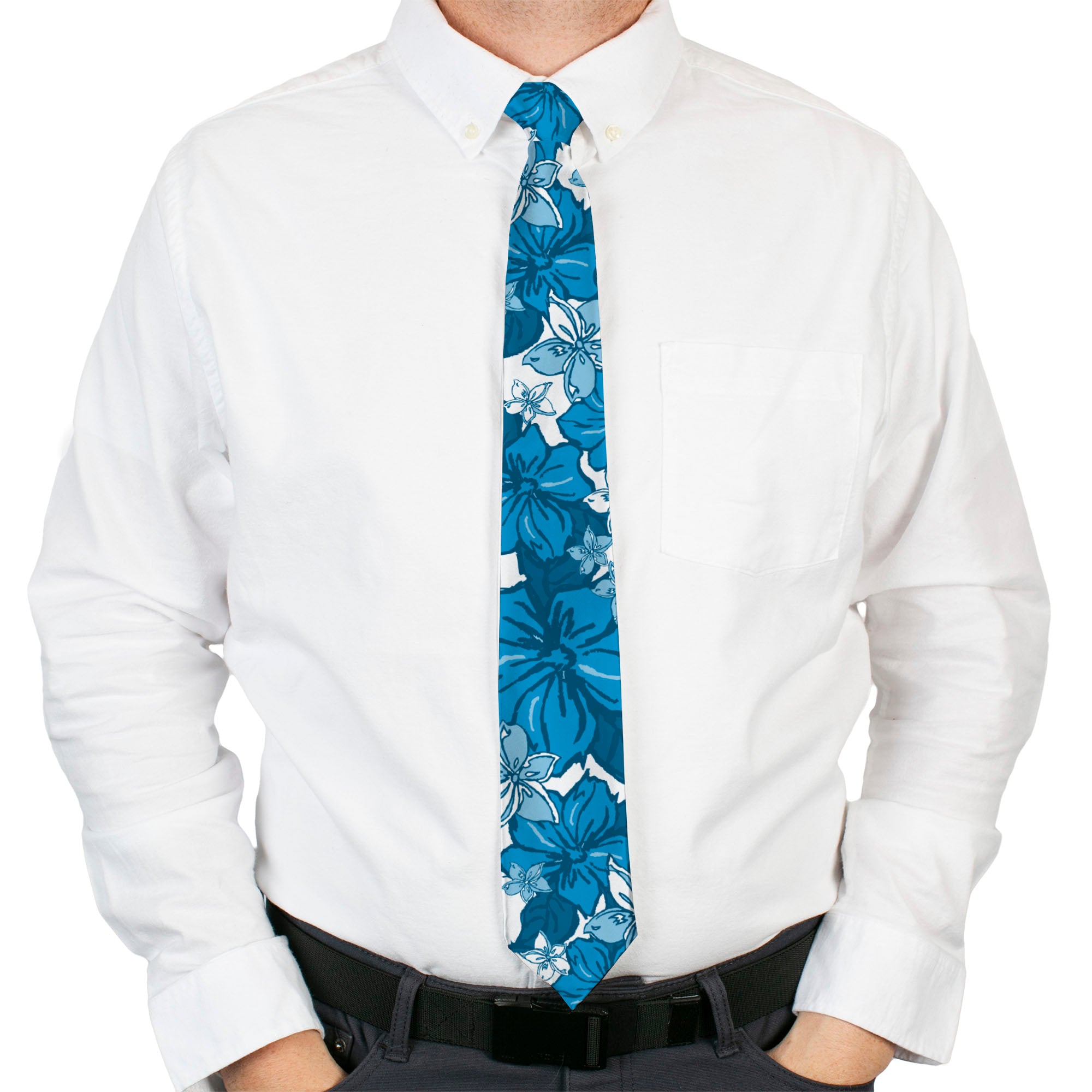 Buckle-Down Necktie - Hibiscus Collage White/Blues Neckties Buckle-Down