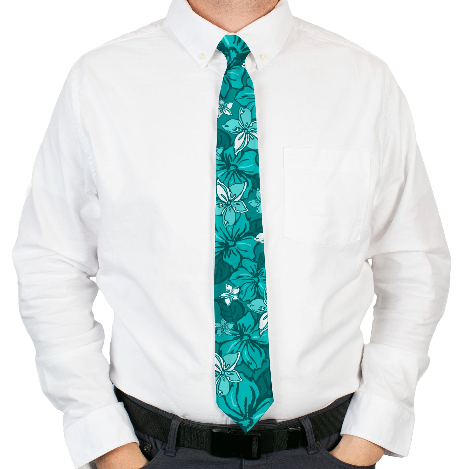 Buckle-Down Necktie - Hibiscus Collage Turquoise Shades Neckties Buckle-Down