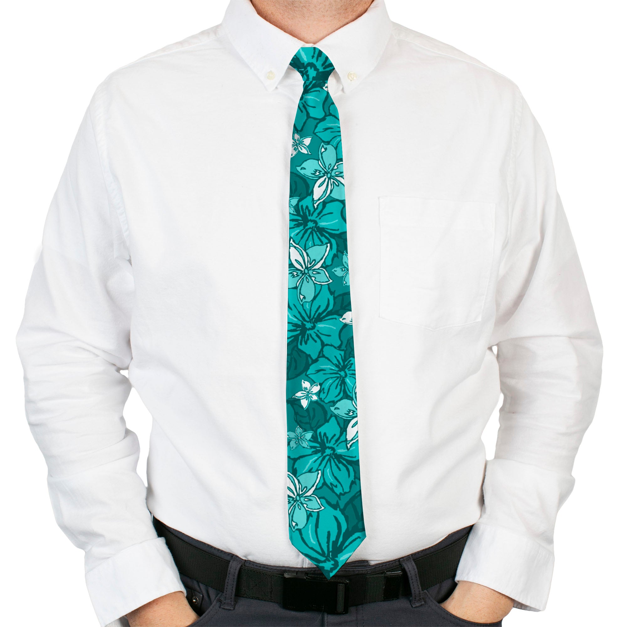 Buckle-Down Necktie - Hibiscus Collage Turquoise Shades Neckties Buckle-Down