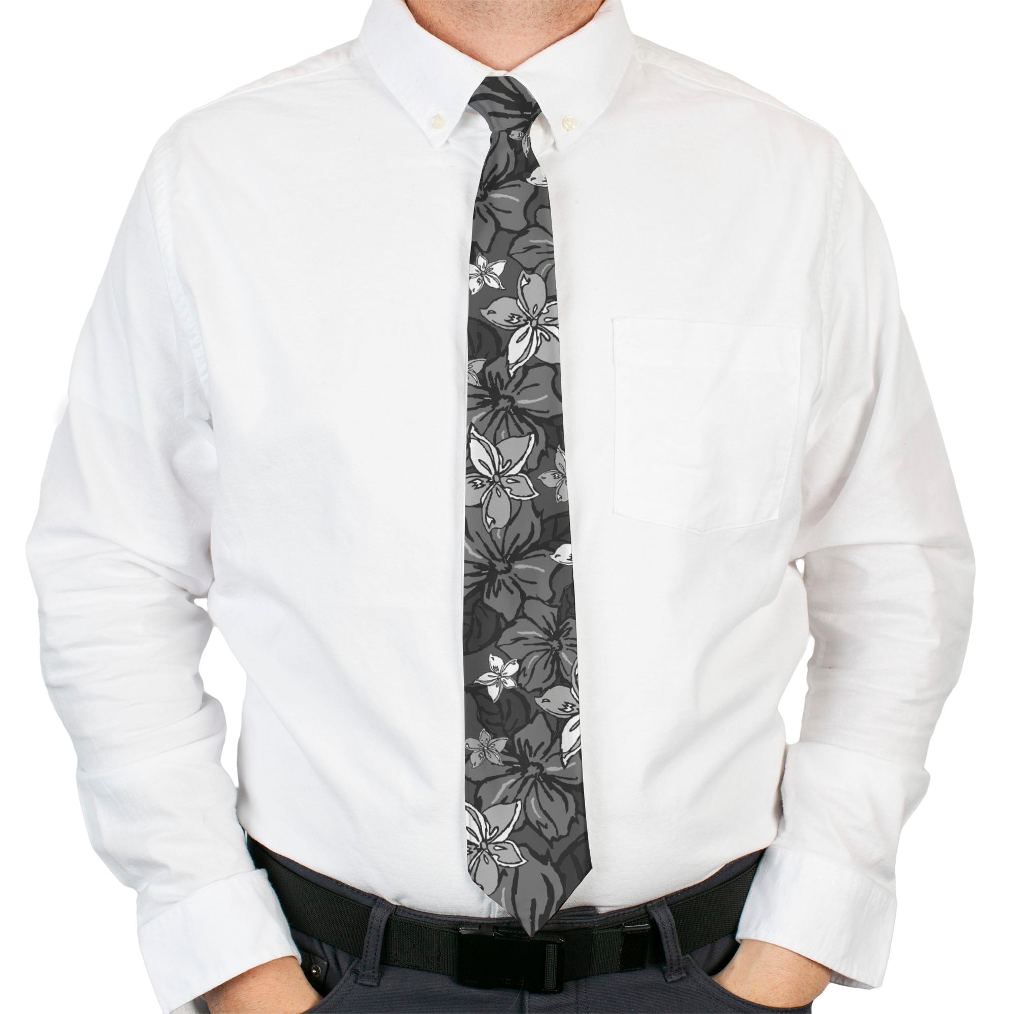 Buckle-Down Necktie - Hibiscus Collage Gray Shades Neckties Buckle-Down