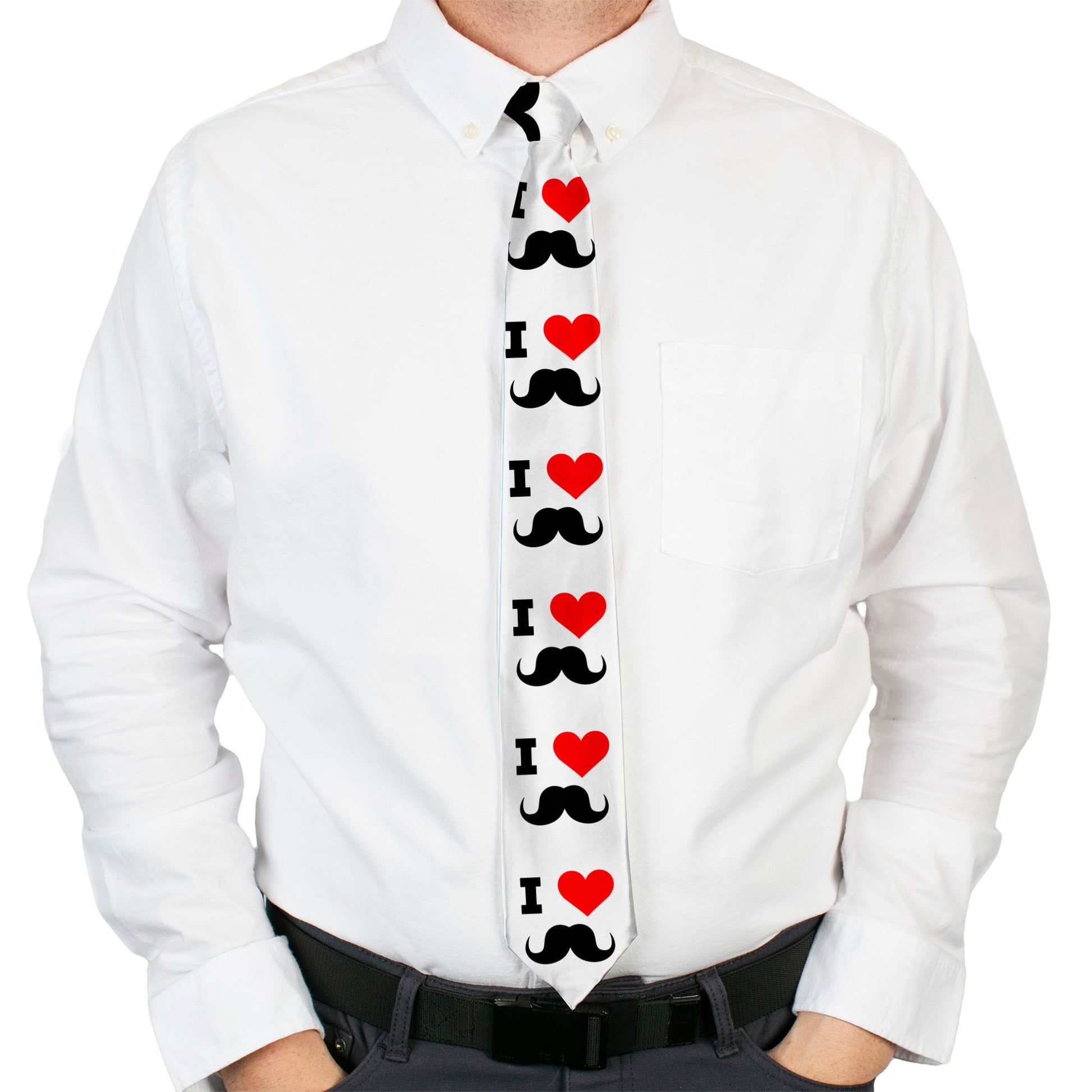 Buckle-Down Necktie - I "Heart Mustache" White/Black/Red Neckties Buckle-Down