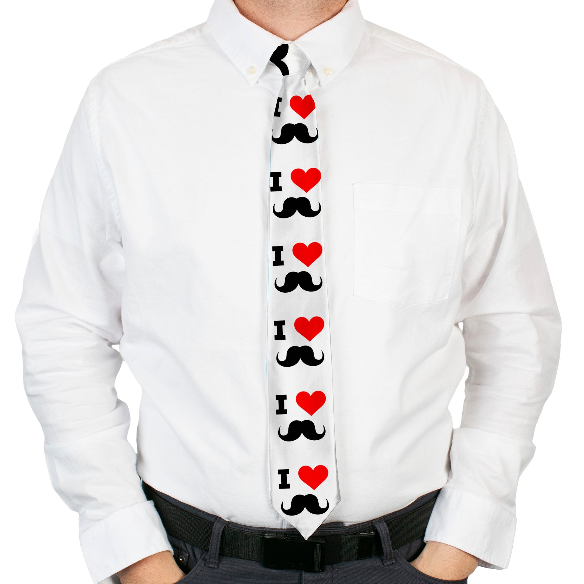 Buckle-Down Necktie - I "Heart Mustache" White/Black/Red Neckties Buckle-Down