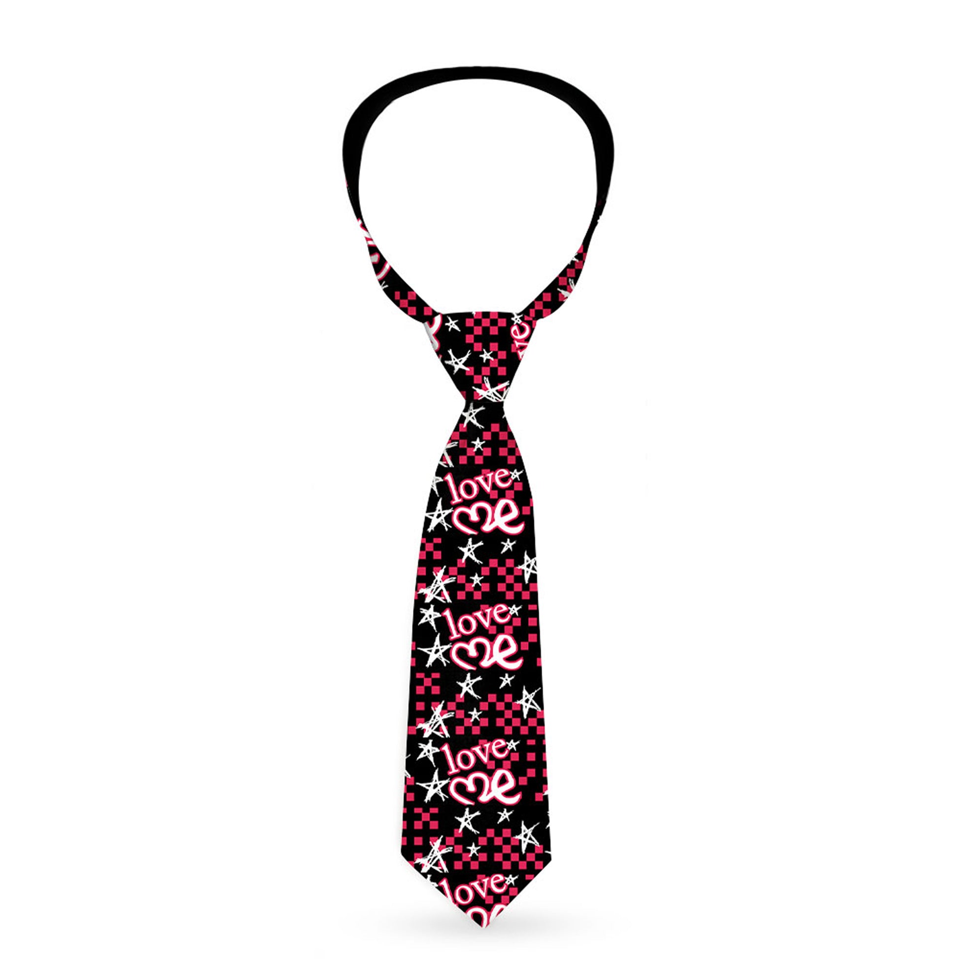 Buckle-Down Necktie - Love Me w/Sketch Stars & Checkers Blk/Fuchsia/Wht Neckties Buckle-Down