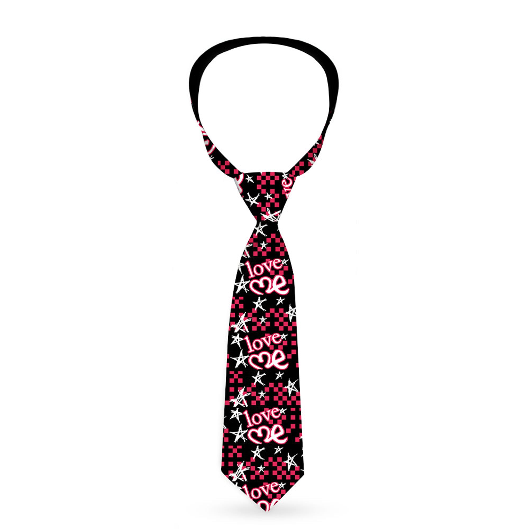 Buckle-Down Necktie - Love Me w/Sketch Stars & Checkers Blk/Fuchsia/Wht Neckties Buckle-Down