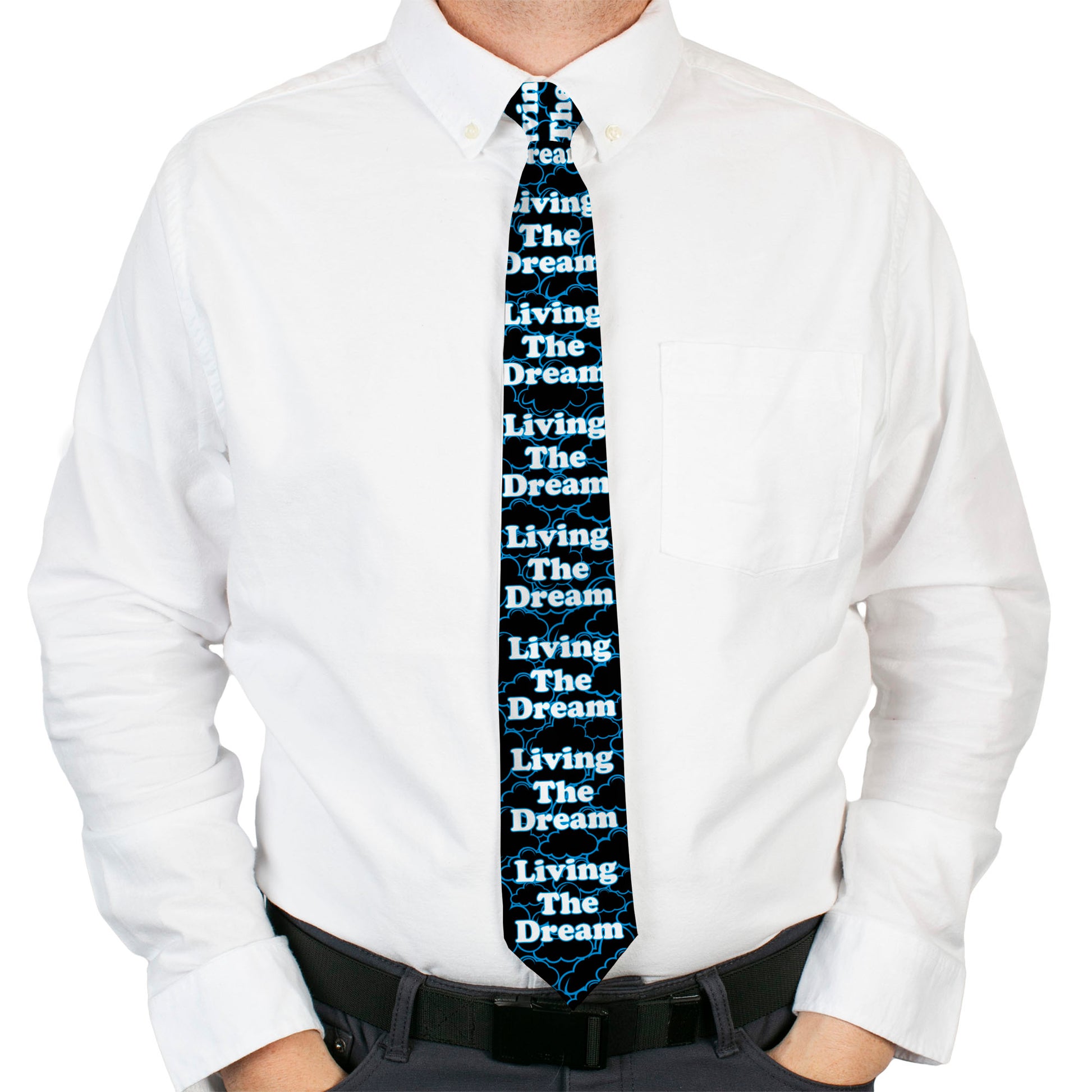 Buckle-Down Necktie - LIVING THE DREAM/Clouds Black/Blue/White Neckties Buckle-Down