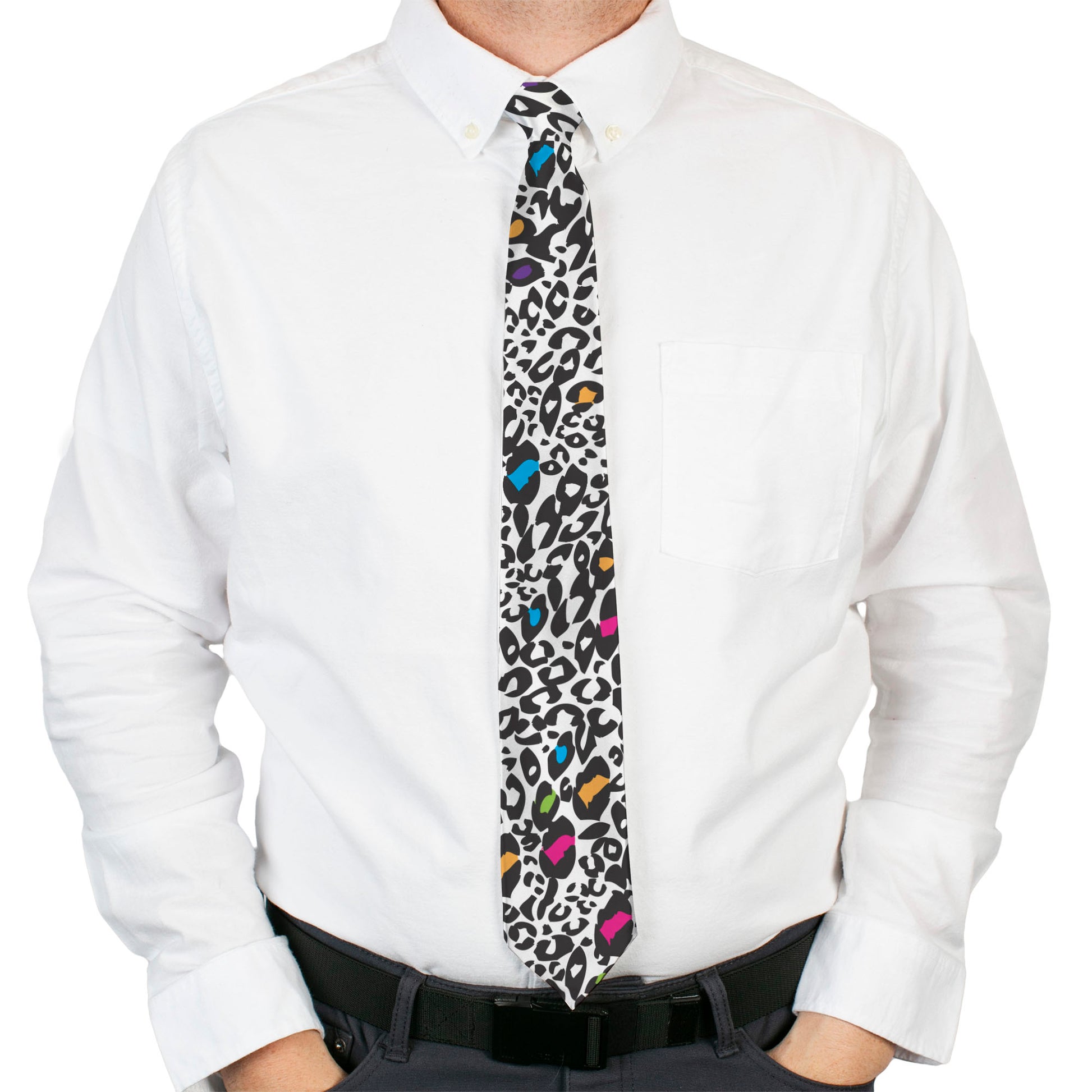 Buckle-Down Necktie - Leopard White/Black/Multi Color Neckties Buckle-Down