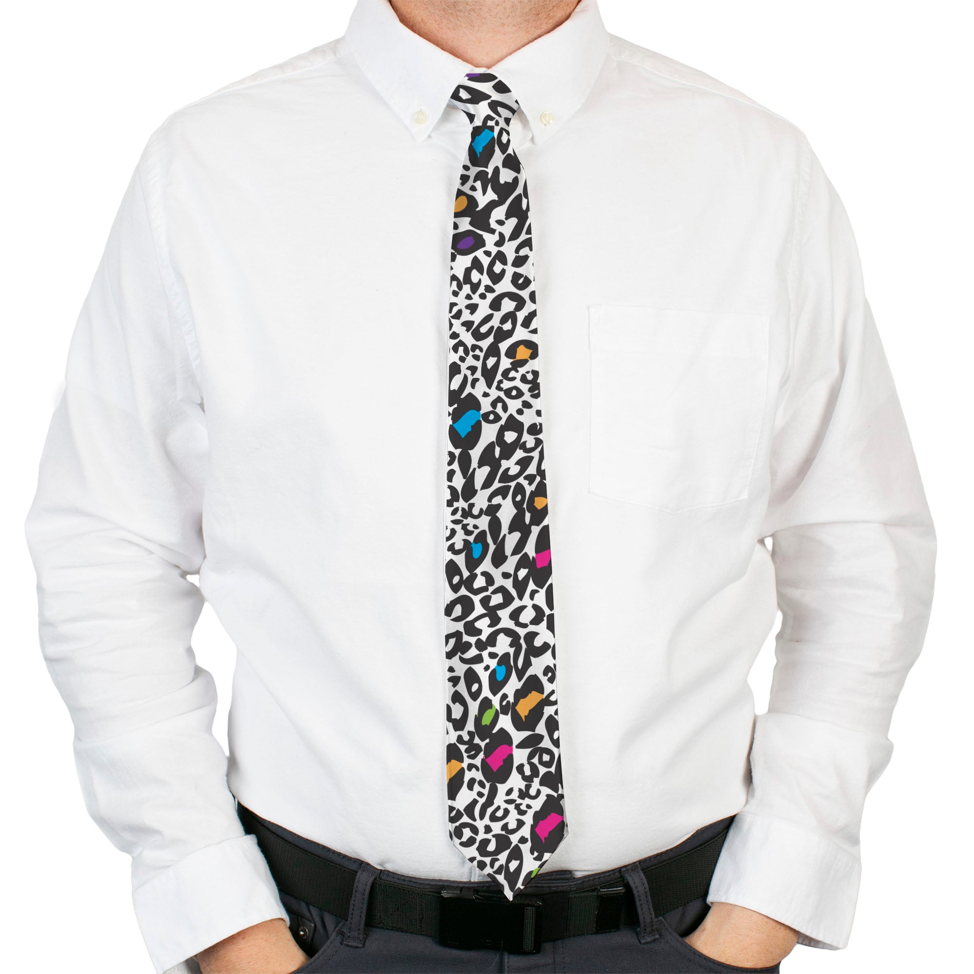 Buckle-Down Necktie - Leopard White/Black/Multi Color Neckties Buckle-Down