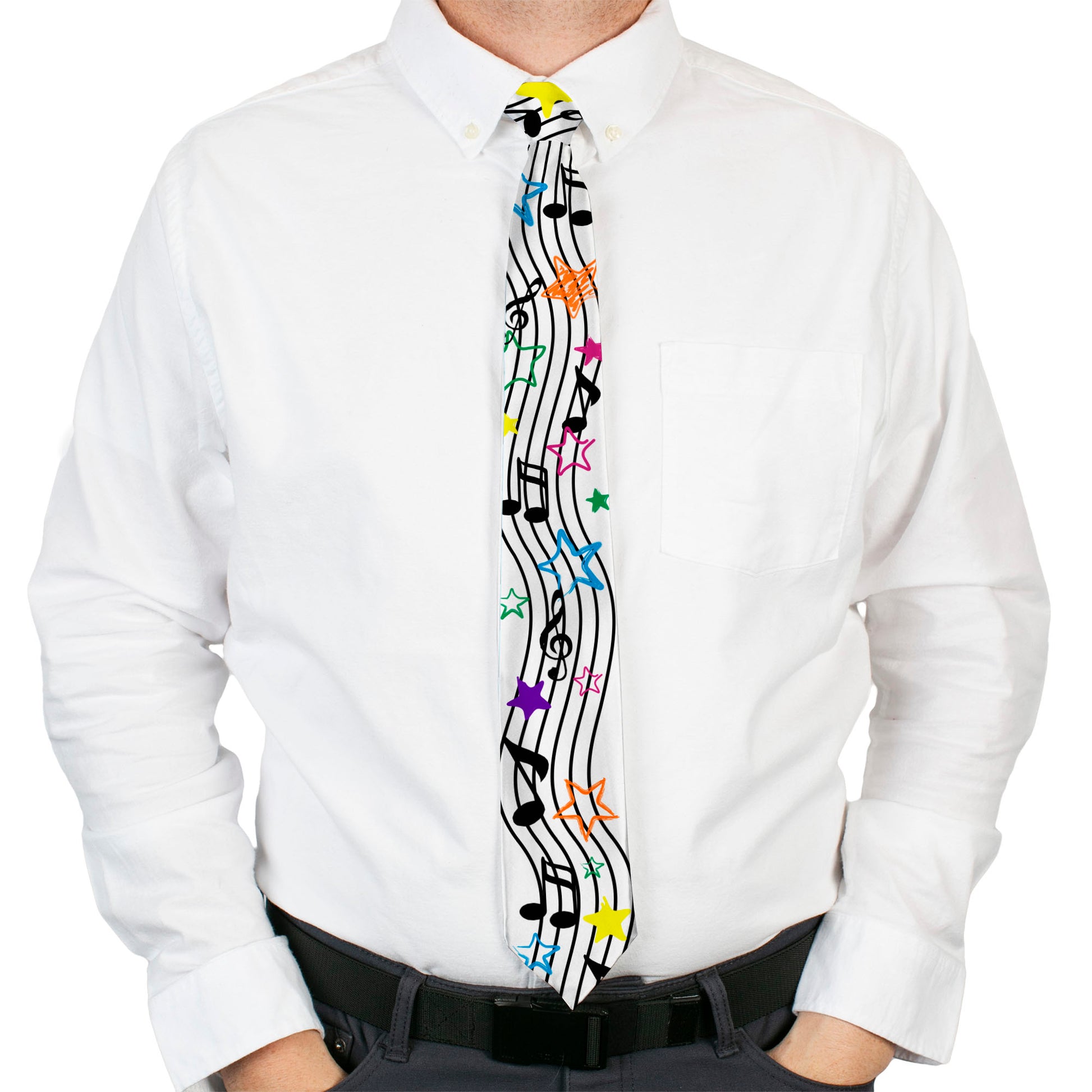 Buckle-Down Necktie - Music Notes Stars White/Black/Multi Color Neckties Buckle-Down