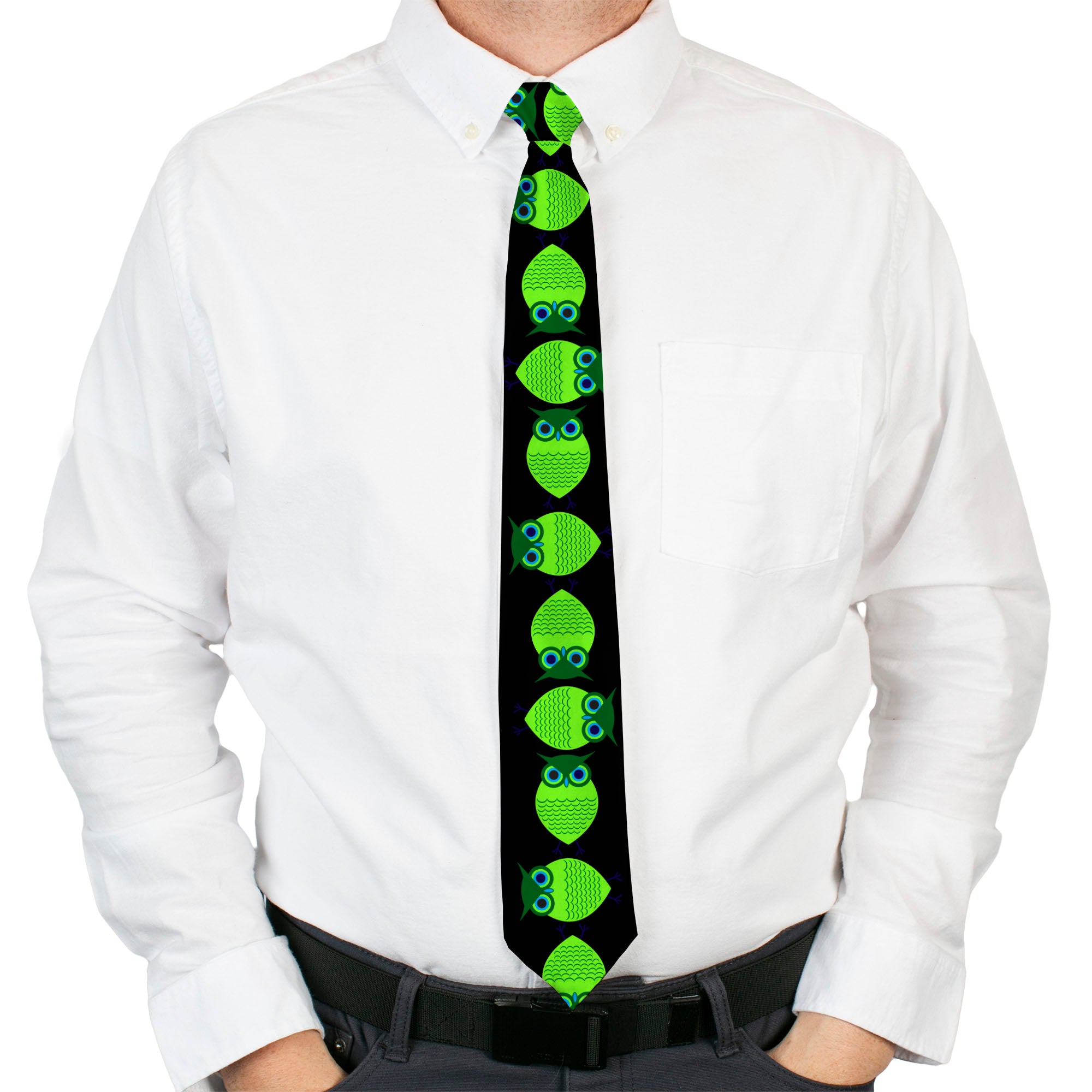 Buckle-Down Necktie - Owls Spin Black/Green Neckties Buckle-Down