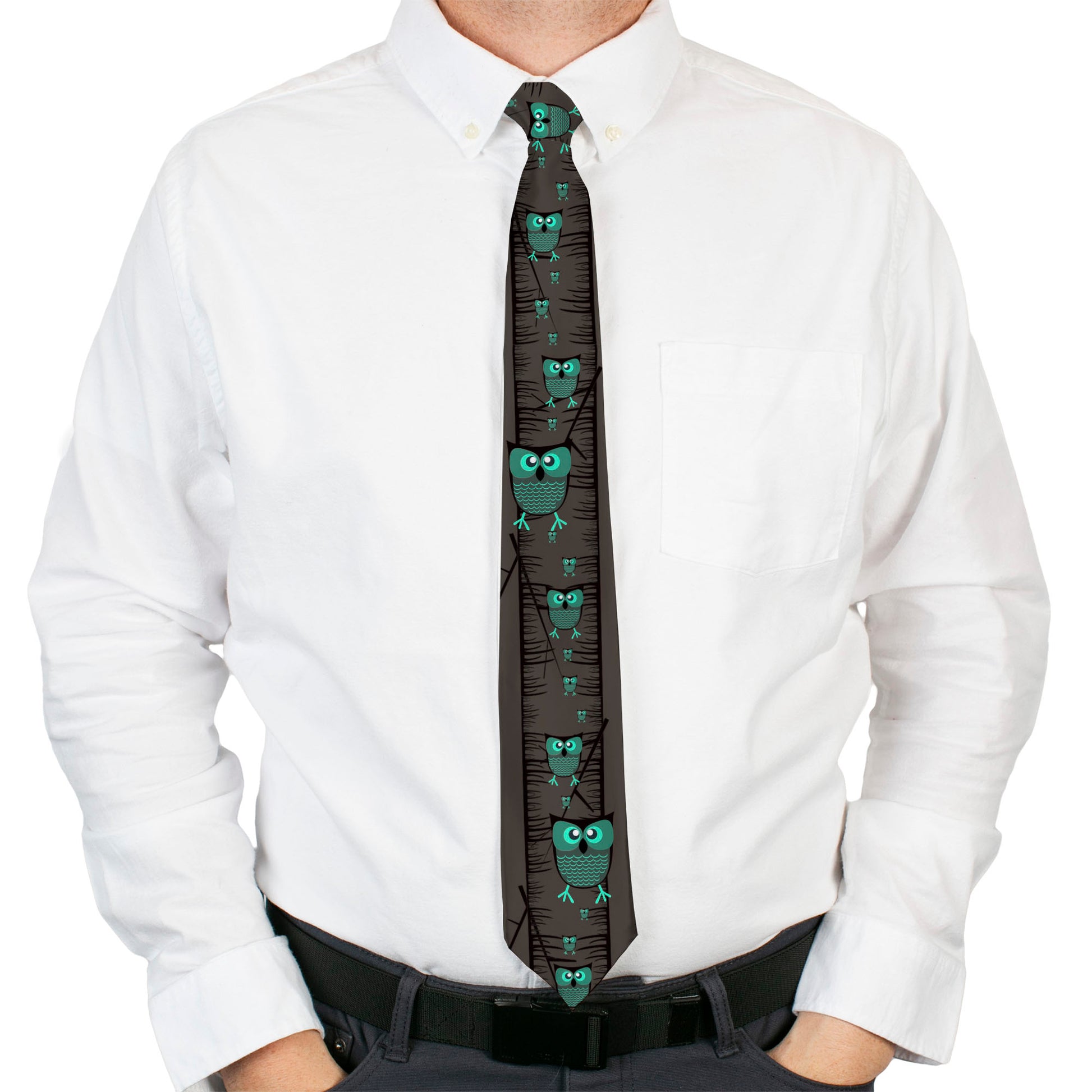 Buckle-Down Necktie - Owls in Trees Turquoise Neckties Buckle-Down
