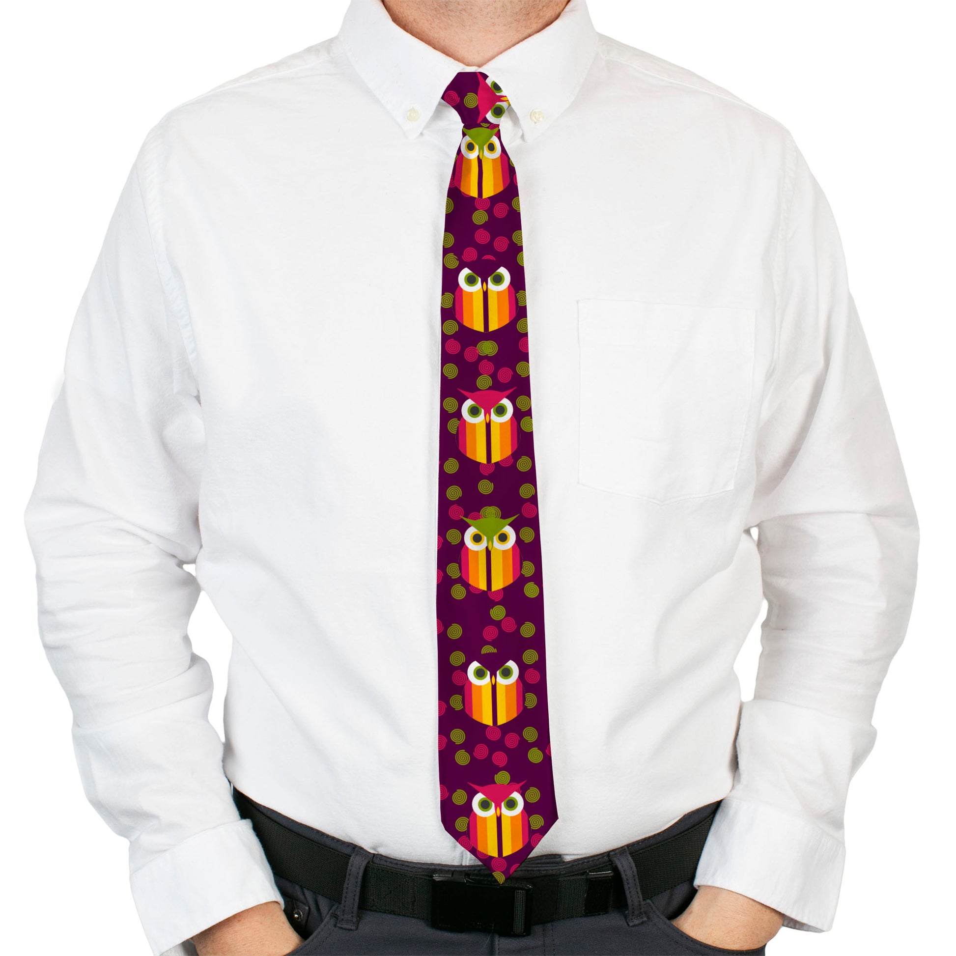 Buckle-Down Necktie - Owls Striped w/Swirls Purple Neckties Buckle-Down