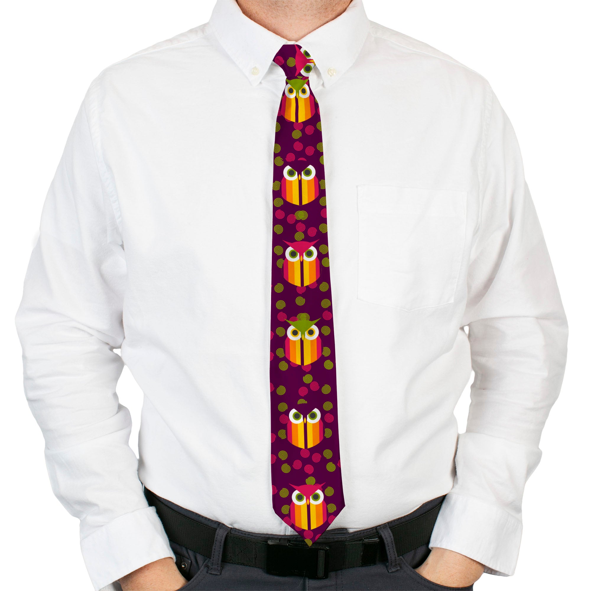 Buckle-Down Necktie - Owls Striped w/Swirls Purple Neckties Buckle-Down