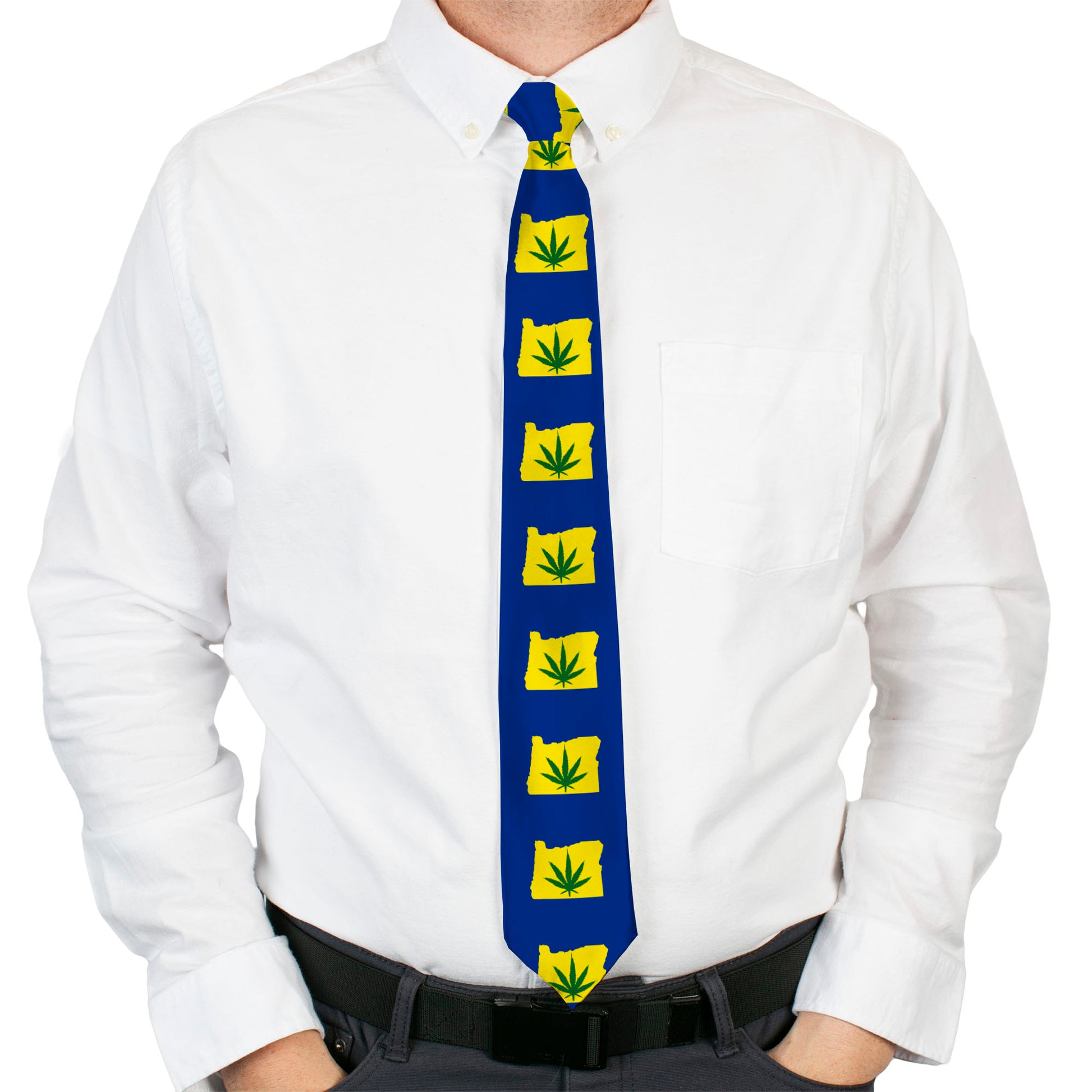 Buckle-Down Necktie - Oregon State Silhouette/Marijuana Leaf Blue/Yellow/Green Neckties Buckle-Down