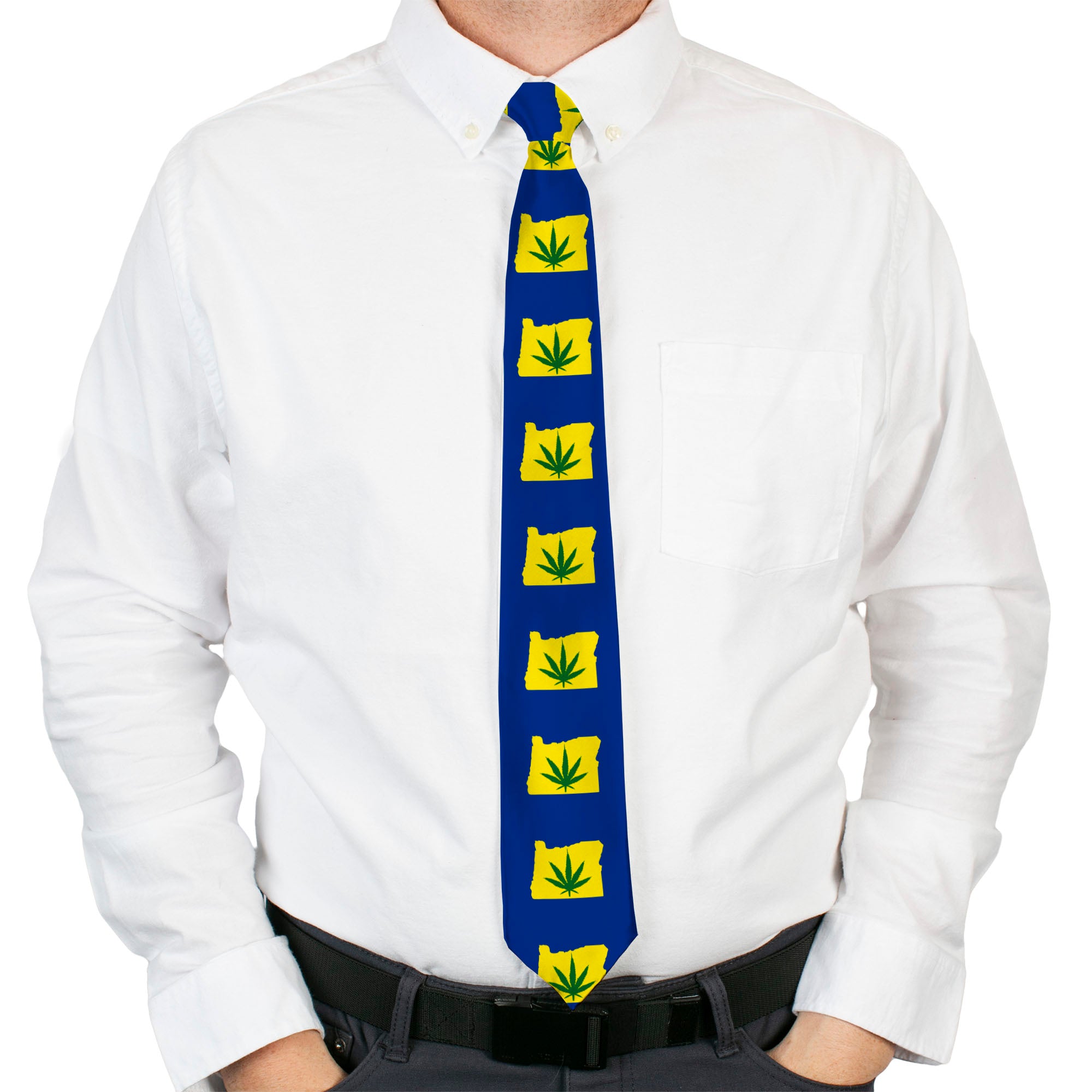 Buckle-Down Necktie - Oregon State Silhouette/Marijuana Leaf Blue/Yellow/Green Neckties Buckle-Down