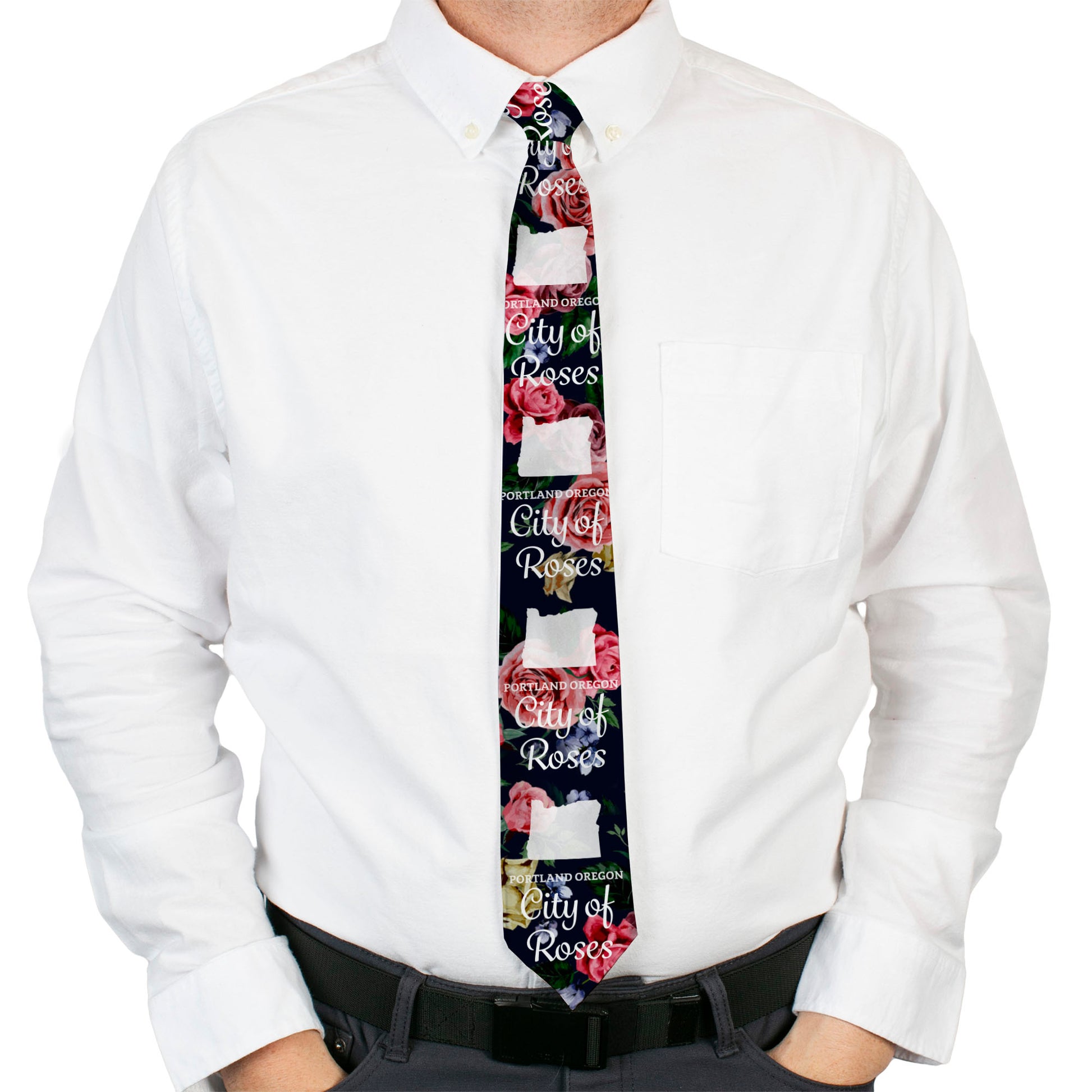Buckle-Down Necktie - Oregon Silhouette/PORTLAND OREGON-CITY OF ROSES Roses/White Neckties Buckle-Down